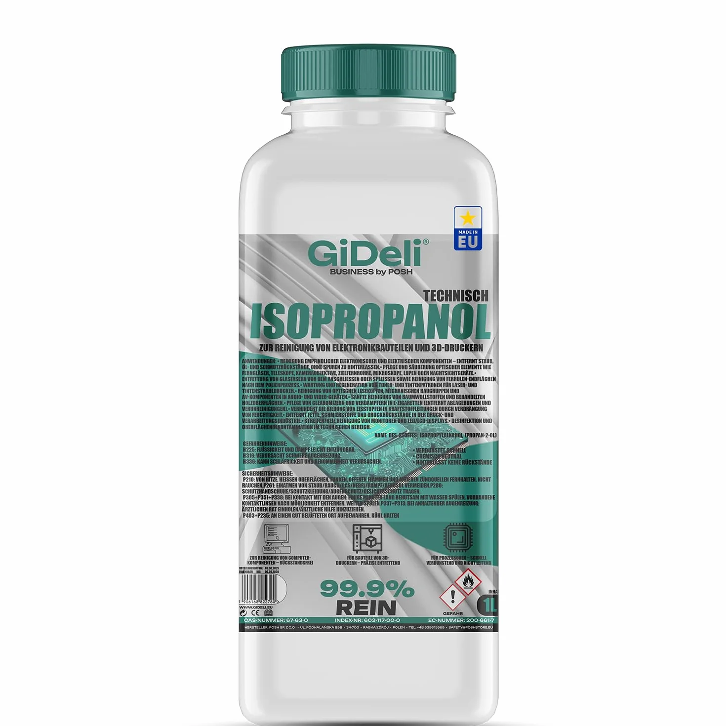 GiDeli Isopropanol techniczny 1 l – alkohol izopropylowy 99,9% – czyszczenie elementów elektronicznych i akcesoriów do drukarek 3D