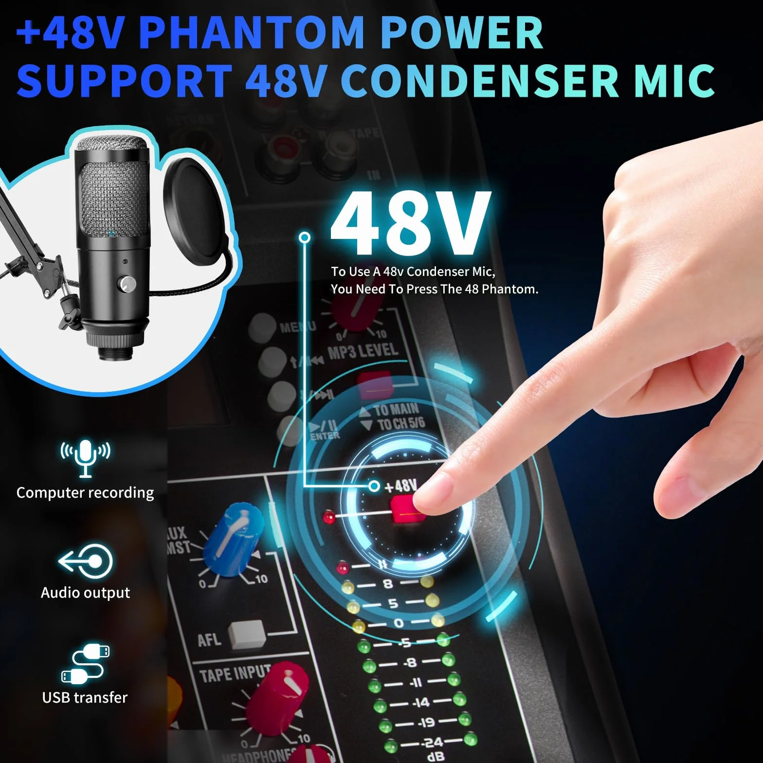 Depusheng DX8 Profesjonalny mikser Płyta dźwiękowa Konsola 8-kanałowy interfejs USB Wejście MP3 48V Zasilanie Phantom Stereo DJ Studio FX Stalowa obudowa, czarny mikser audio Bluetooth USB na PC
