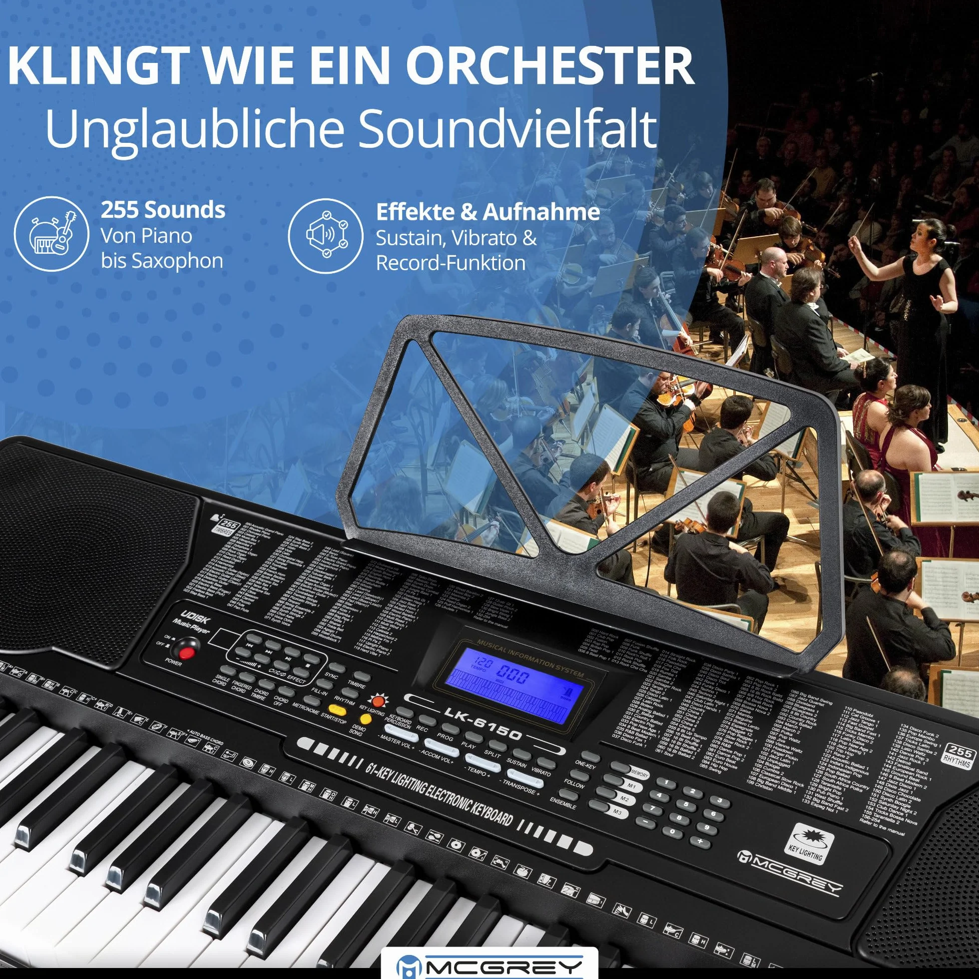 McGrey LK-6150 keyboard 61 klawiszy dla początkujących 255 dźwięków 255 rytmów MP3 czarny