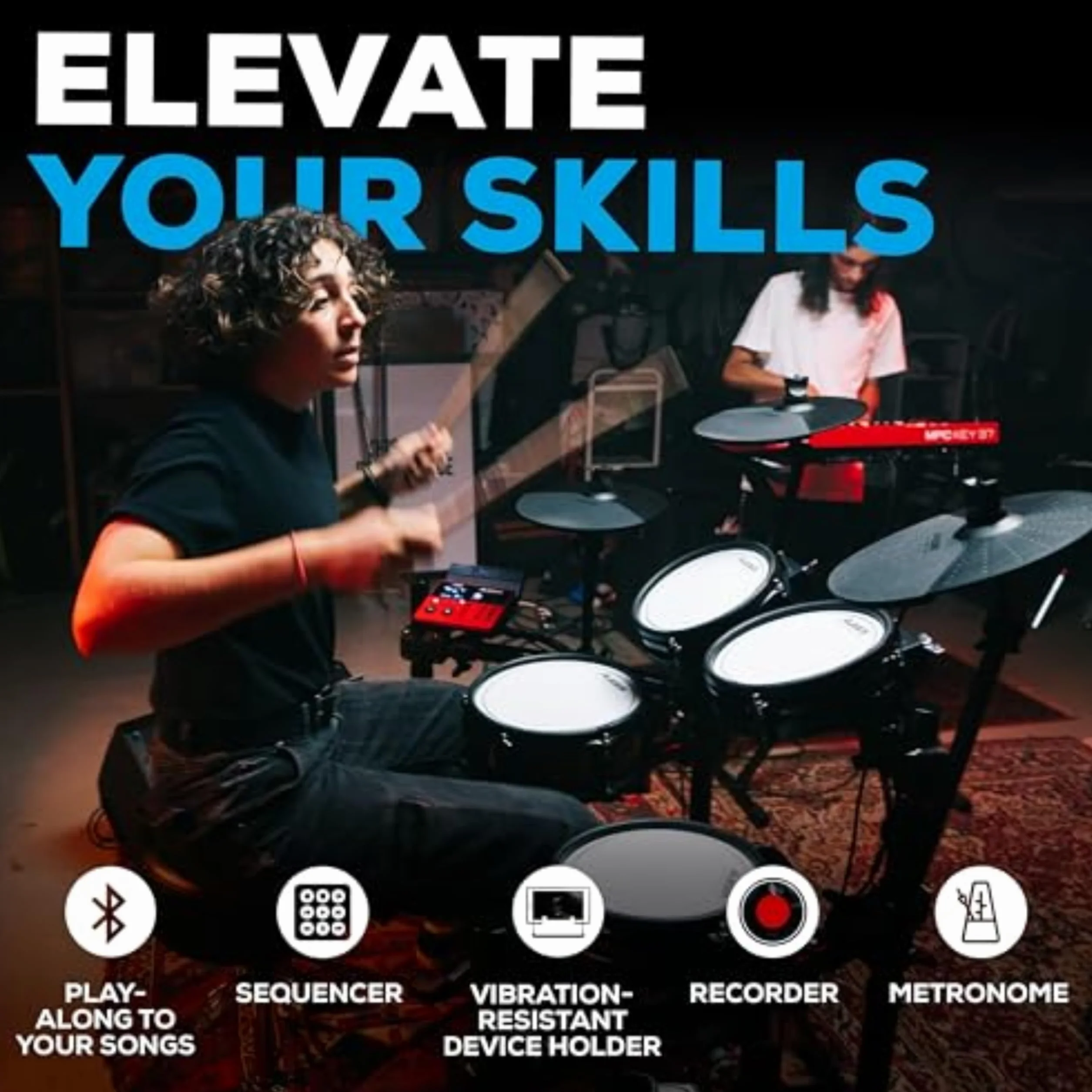 Alesis Nitro Pro Elektryczna perkusja z 2-strefowymi padami siatkowymi, 500+ brzmień BFD, Bluetooth, Drumeo, USB MIDI, zgodna z 2 bębnami basowymi