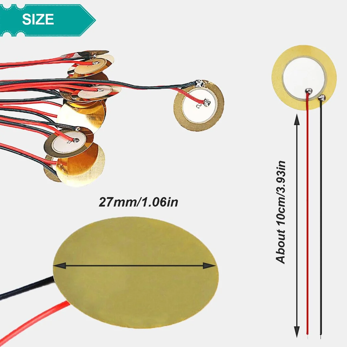 Dyski piezoelektryczne 27 mm Przetworniki piezoelektryczne z kablami 3,93" Dyski wzmacniacza piezoelektrycznego Mic Drum Trigger Acoustic Pickup Brzęczyk z naklejką piankową, 20 sztuk