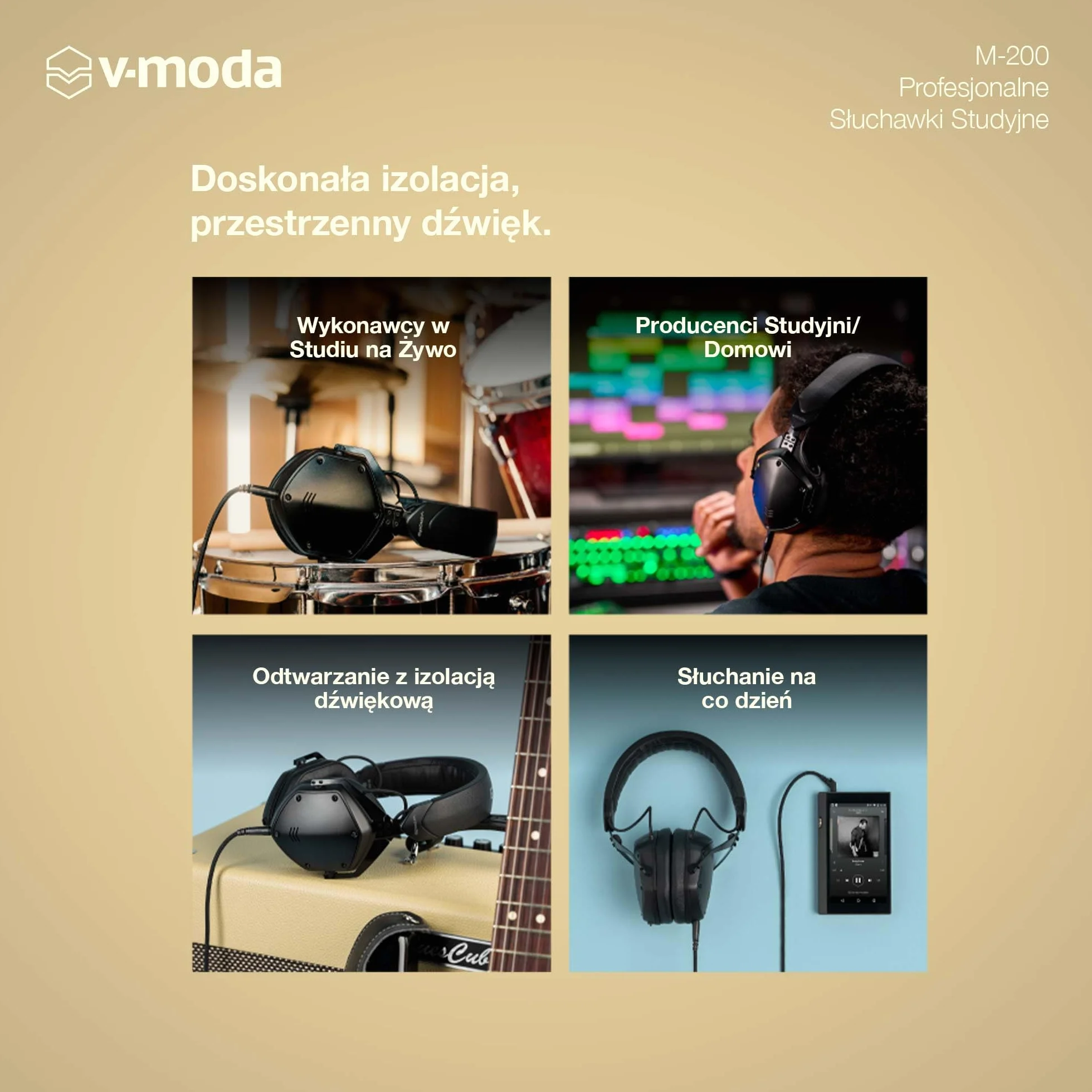Profesjonalne Śłuchawki Studyjne V-MODA M-200 | Lekka Metalowa Konstrukcja | Regulowany pałąk do Monitorowania Jednym Uchem | Certyfikat Hi-Res Audio | Etui Exoskeleton | Matowa Czerń