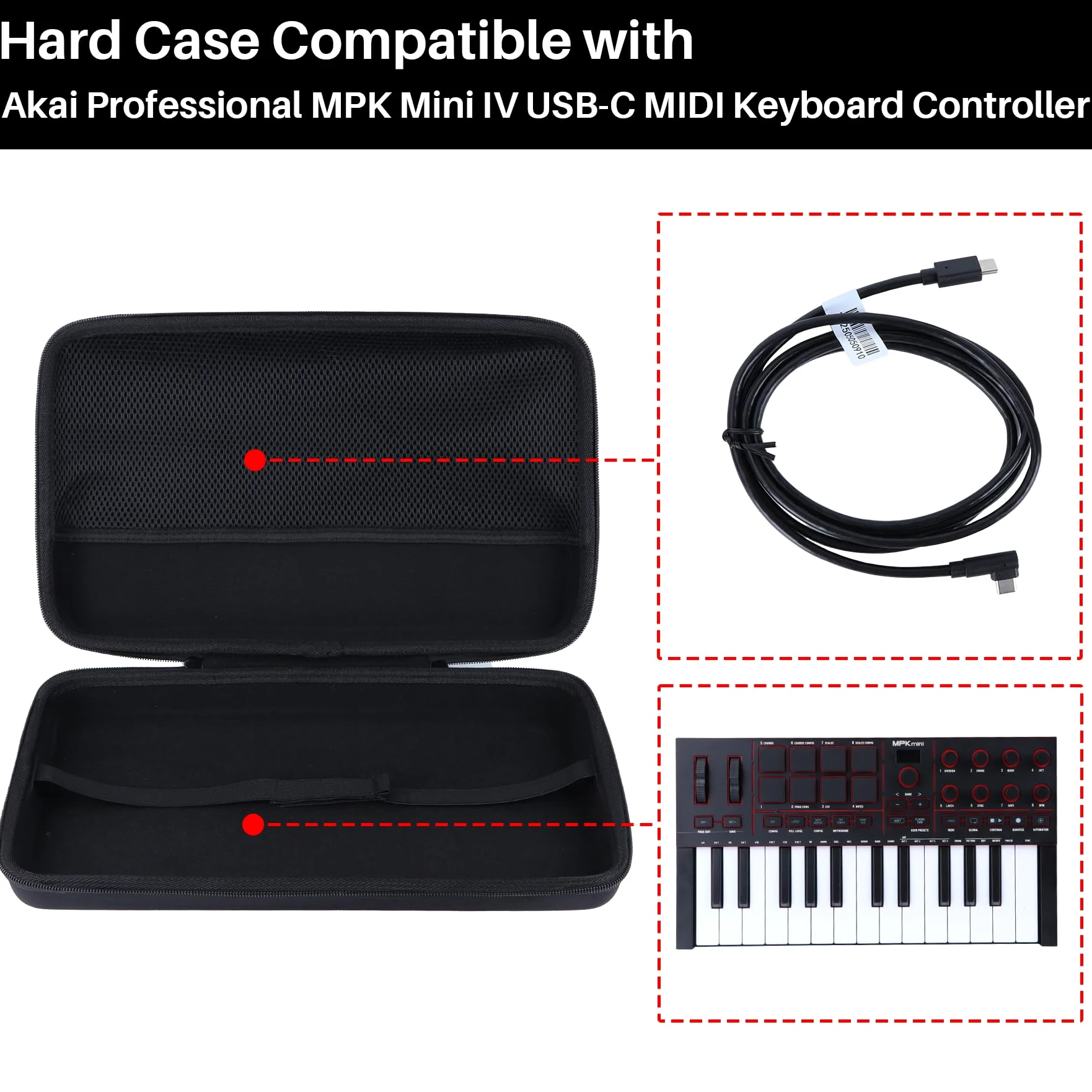Lebakort Twarde etui ochronne etui do Akai Professional MPK Mini IV USB-C MIDI Keyboard Controller (czarny)