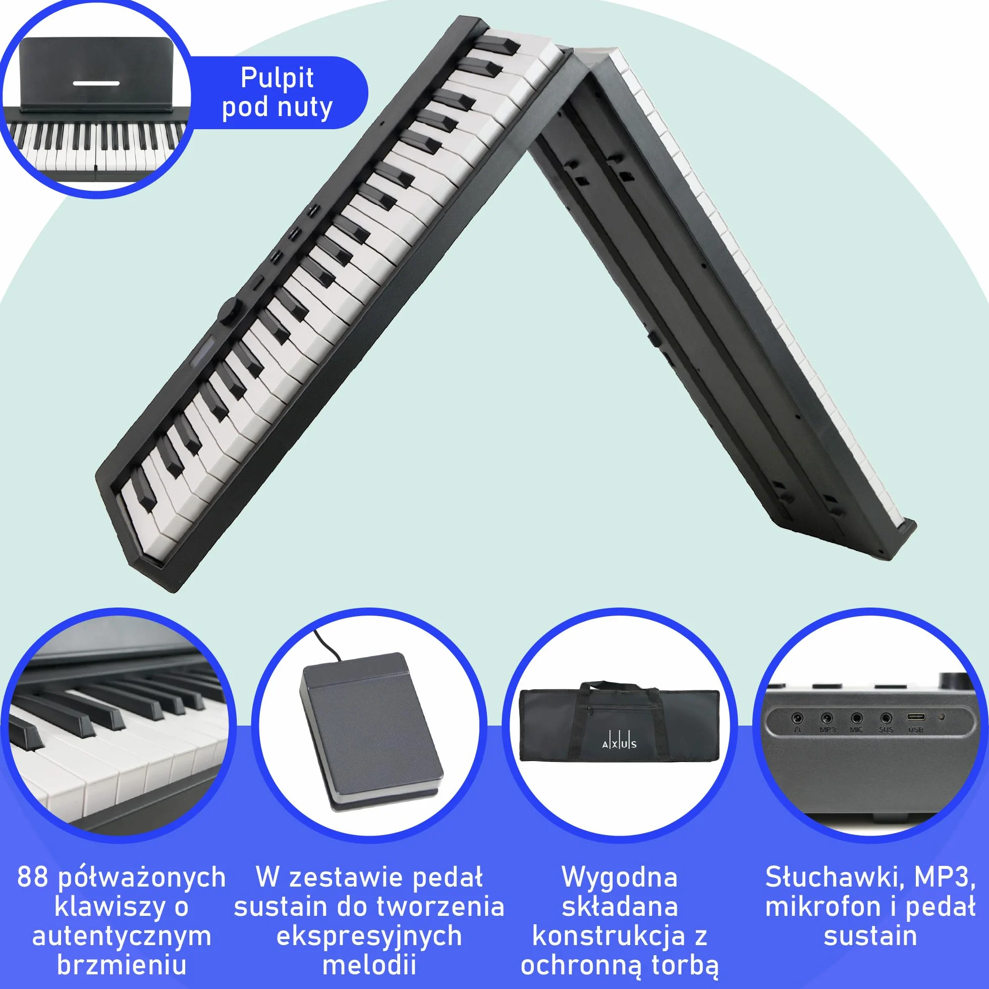 Axus Pianino Cyfrowe, Czarny/Biały, 88 klawiszy