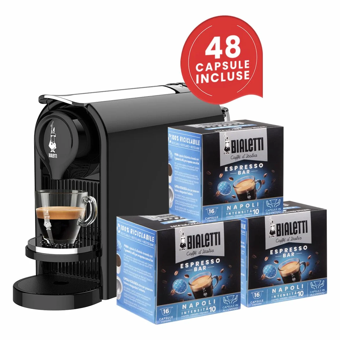 Bialetti Gioia Plus, aluminiowa ekspres do kawy do kapsułek, w zestawie 48 kapsułek, czarny