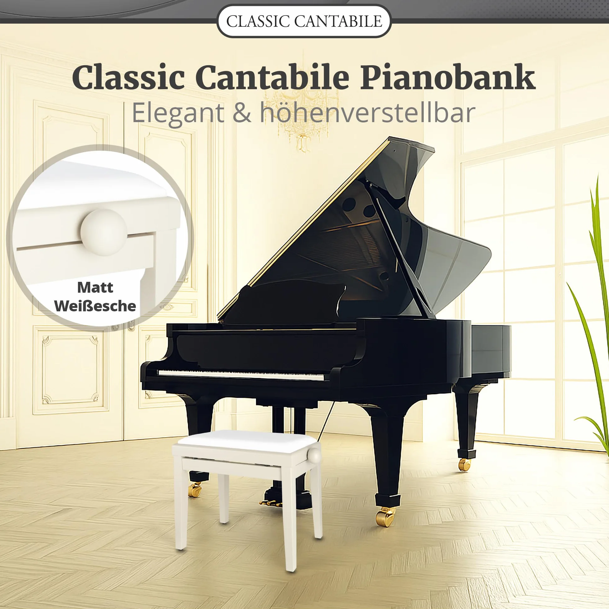 Classic Cantabile Matowa biała jesionowa ławka fortepianowa