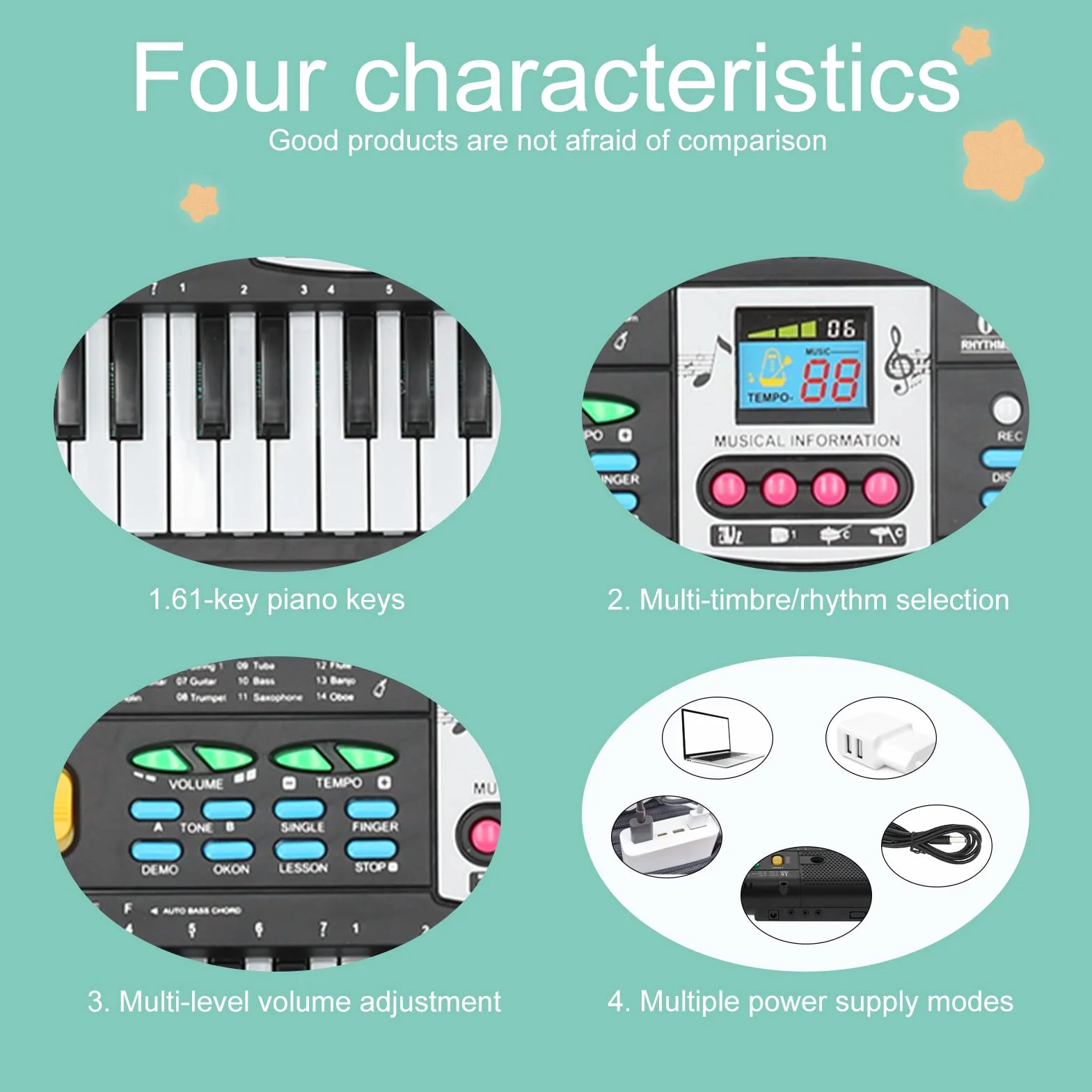 Cocoarm 61-klawiszowe Mini Pianino Elektryczne, Przenośny Keyboard Elektroniczny z Mikrofonem dla Dzieci Początkujących, 6 Demo Utworów 16 Dźwięków 6 Rytmów, Zasilanie USB, Połączenie z