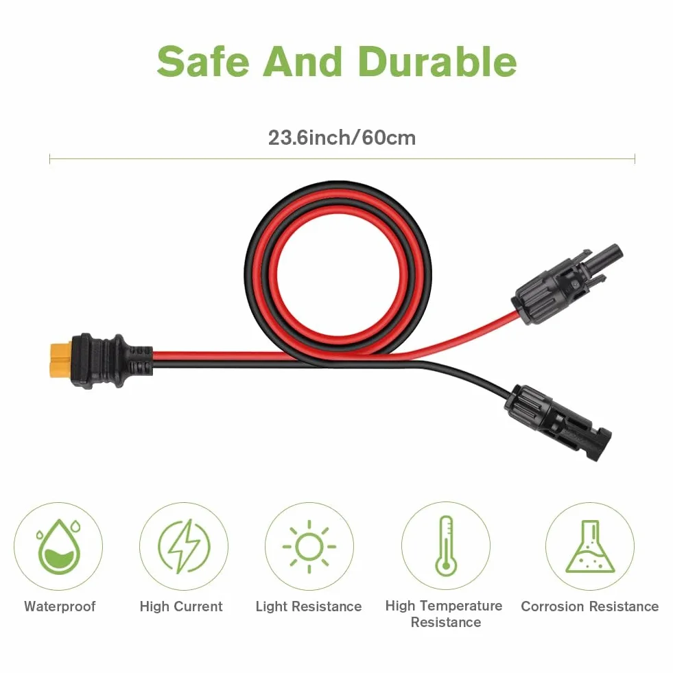 URAQT Złącze słoneczne do adaptera XT60, kabel do ładowania słonecznego 12AWG, złącze słoneczne 60 cm do XT60, wodoodporność IP68, do przenośnej elektrowni i generatora słonecznego