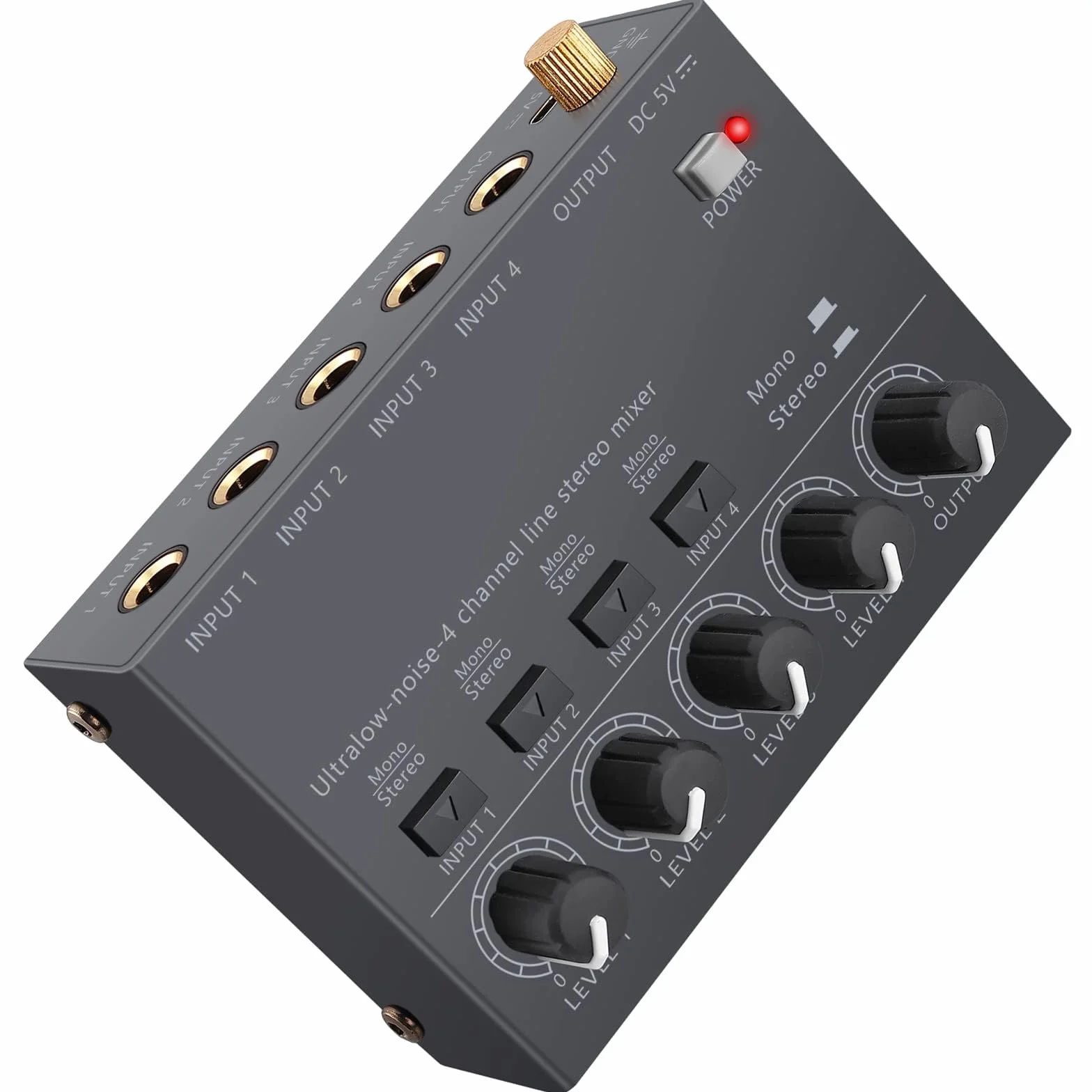 LiNKFOR 4 kanałowy ultrakompaktowy mikser audio stereo z niezależną regulacją głośności do mikserów, DC 5V Type-C mini-mikser audio z zasilaczem i kablem audio - ultra niski poziom hałasu.