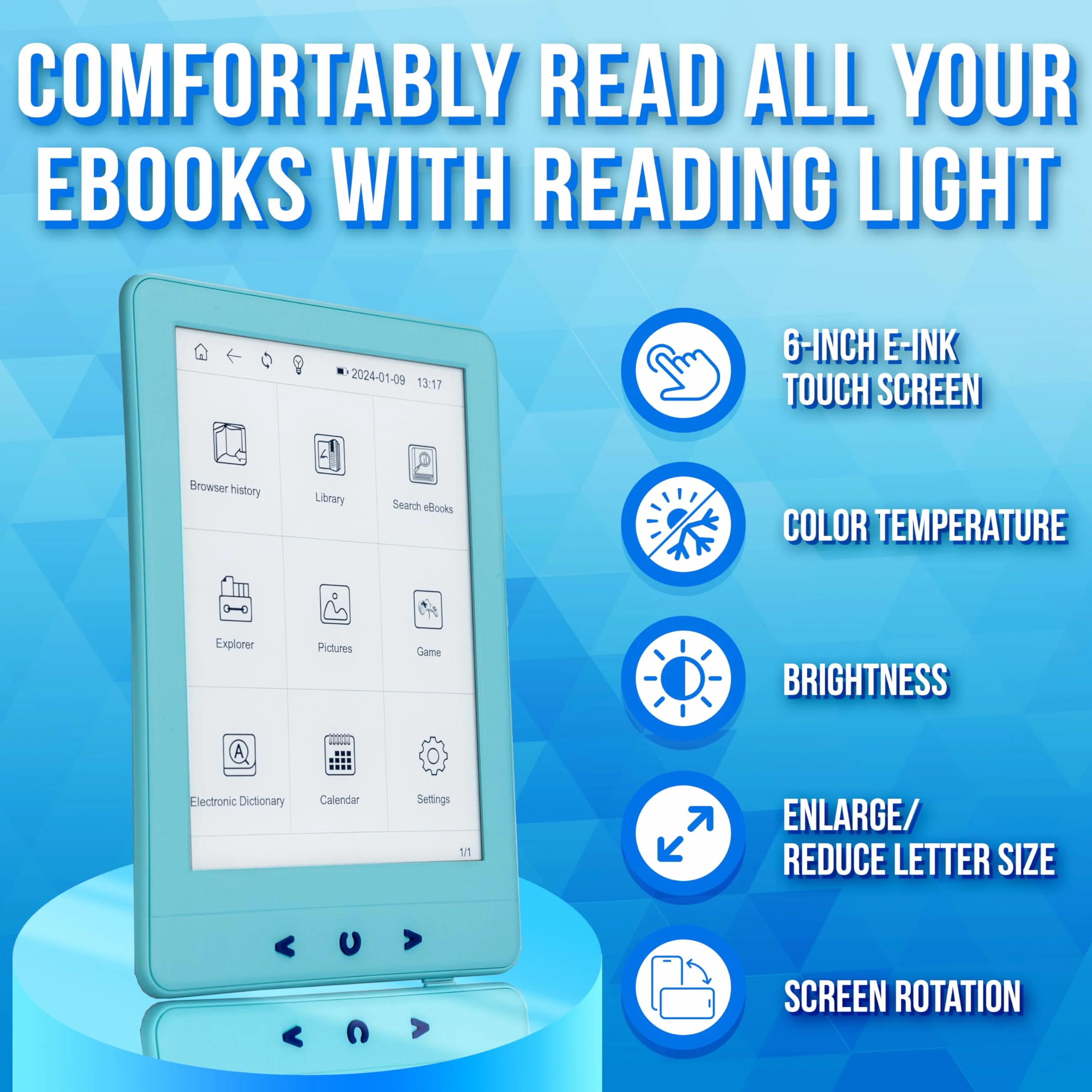 Silvergear® Czytnik eBook | Czytnik eBook z ekranem dotykowym eInk Carta 6'' | Czytnik e-booków z antyrefleksją | ze zintegrowanym podświetleniem | 4GB | Pojemność 3000 eBooków | Niebieski