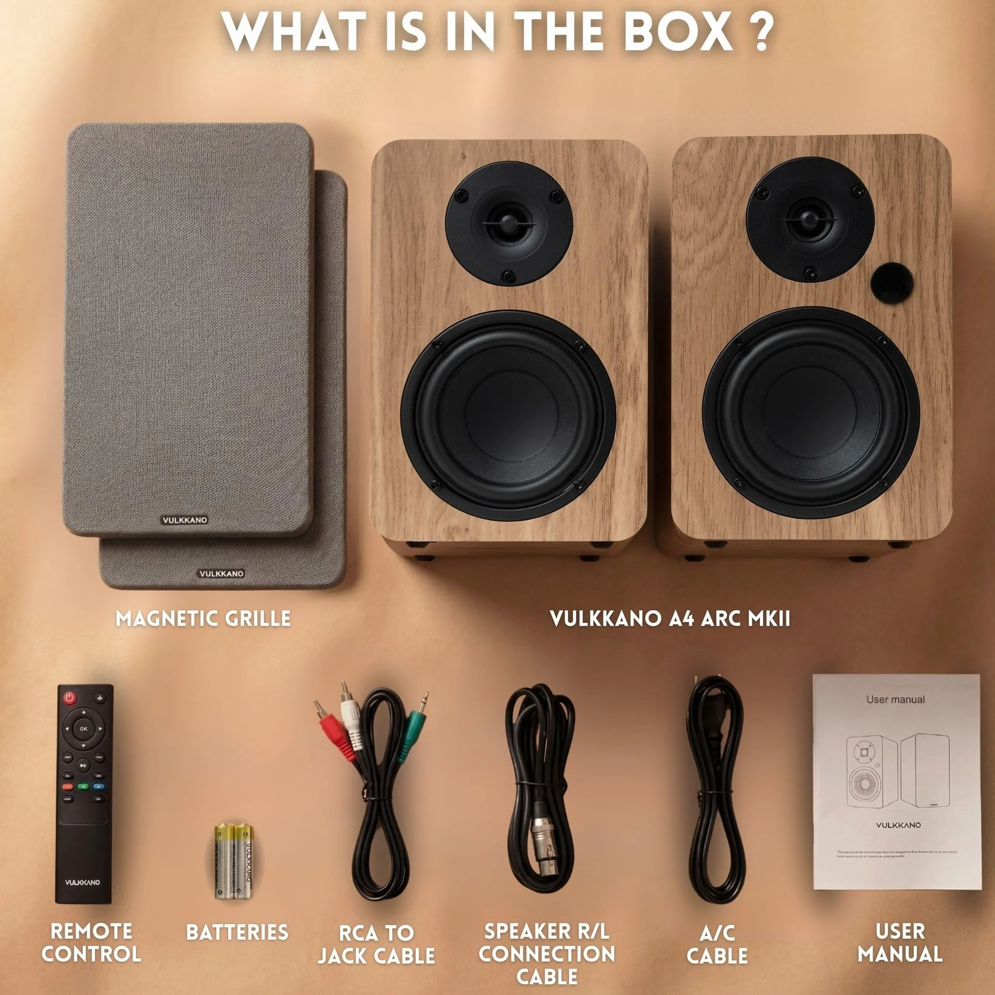 VULKKANO A4 ARC MKII 4-calowy głośnik niskotonowy z głośnikiem niskotonowym, Bluetooth 5.0, HDMI ARC, Optica, RCA, USB, z wyjściem subwoofera, monitory studyjne o eleganckim wyglądzie, kolor brązowy
