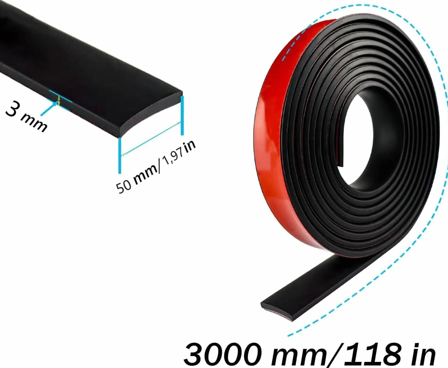 Samoprzylepne paski gumowe, neoprenowa mata gumowa, profil gumowy, do uszczelek DIY, izolacja, ochrona przed wibracjami, ochrona wykładzin podłogowych, 50 mm (szer.) x 3 mm (śr.) x 3000 mm (L)