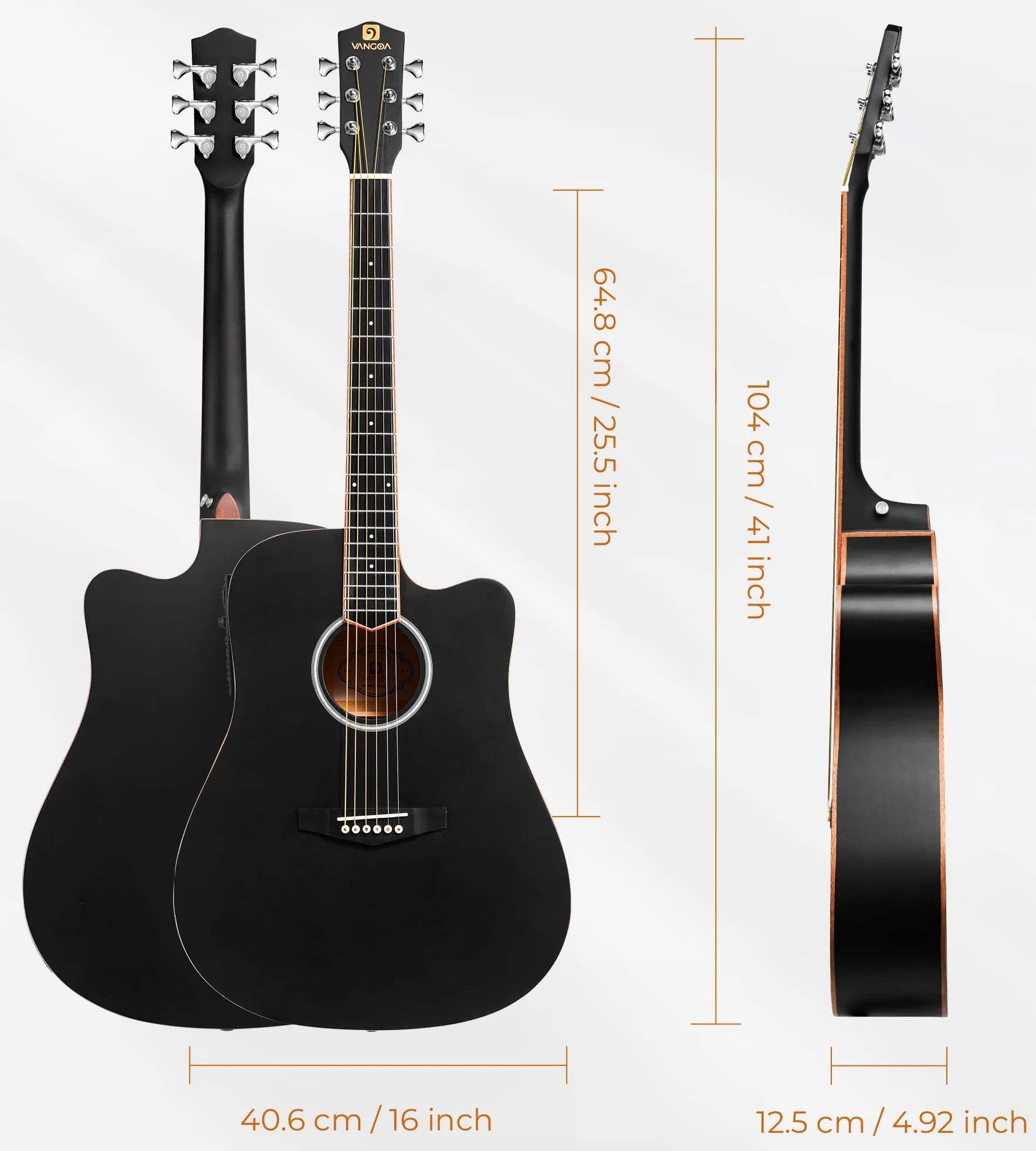 Vangoa 4/4 elektryczna gitara akustyczna, 41", gitara Cutaway z 4-pasmowym korektorem, wbudowany pickup, torba na gitarę i zestaw dla początkujących, kolor czarny