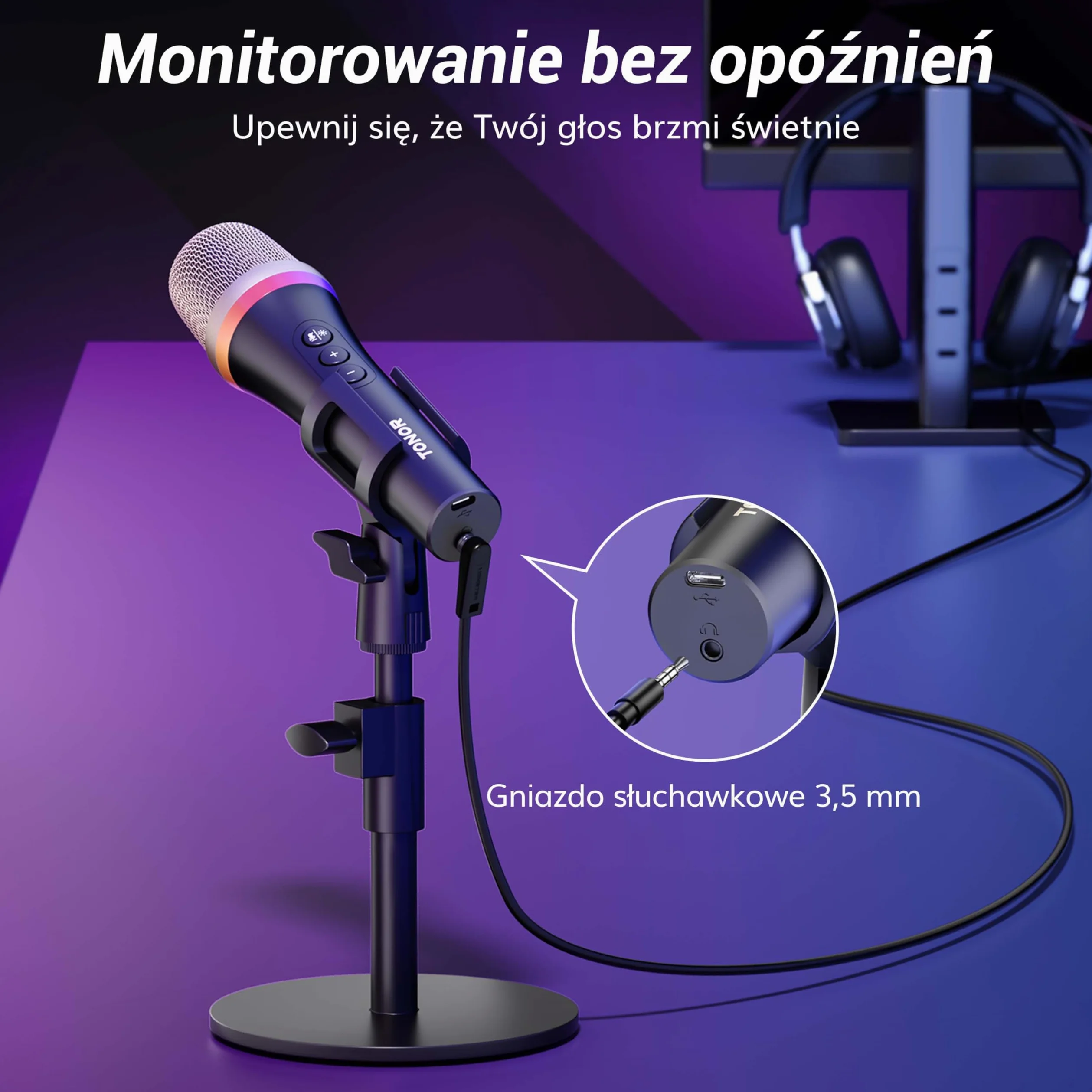 TONOR Mikrofon dynamiczny USB/typ C do komputera PC, mikrofon do gier komputerowych do podcastów RGB ze stojakiem biurkowym do nagrywania, Na żywo,YouTube, śpiewania, studia, karaoke czarny