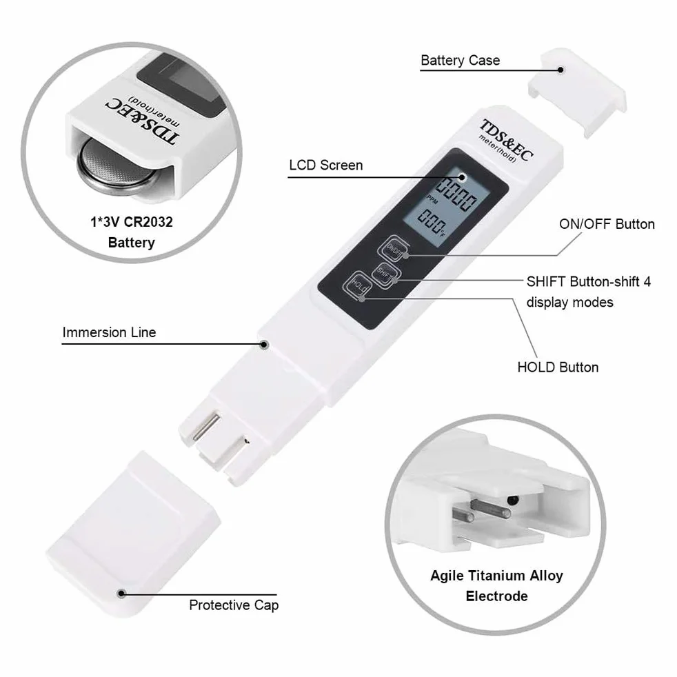 Tester 3 w 1 TDS Tester pH Test jakości wody w basenie, miernik przewodzenia, z wyświetlaczem LCD o wysokiej precyzji i automatycznej funkcji kalibracji