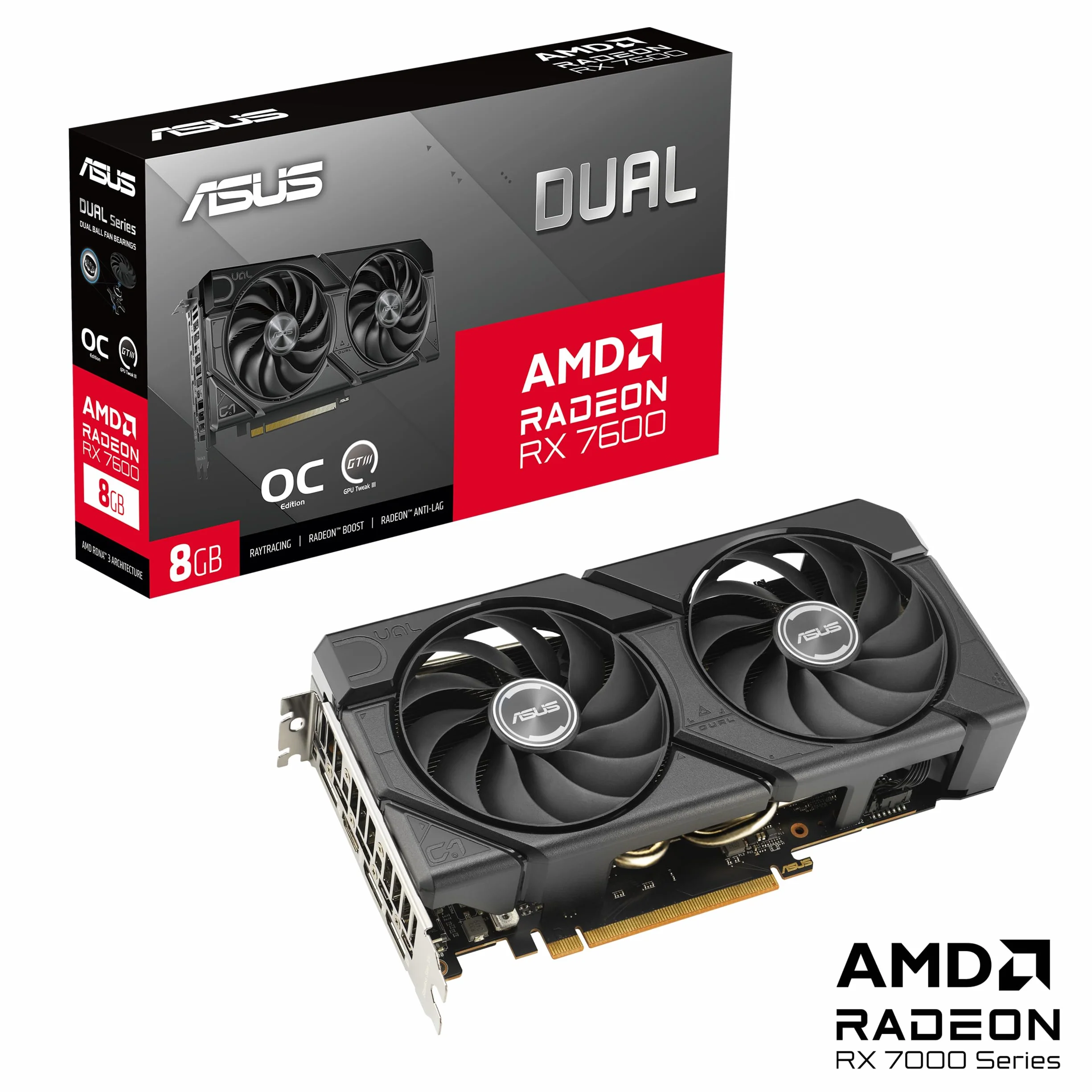 ASUS Dual Radeon RX 7600 EVO OC Edition 8 GB GDDR6 karta graficzna dla graczy (AMD Radeon RX7600, PCIe 4.0, 1 x HDMI 2.1, 3X DisplayPort 1.4a, DUAL-RX7600-O8G-EVO)