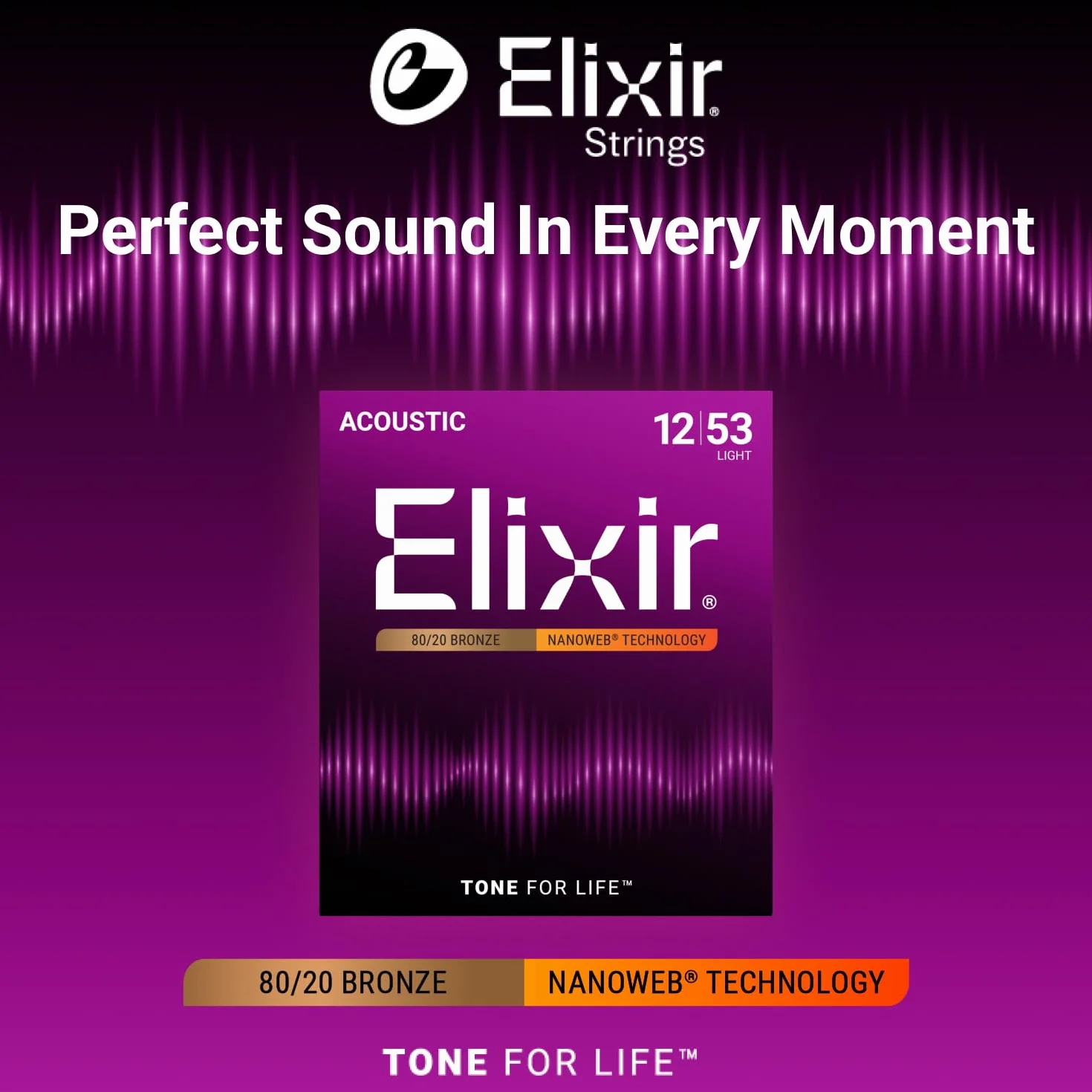 Elixir® Struny 80/20 brązowe struny do gitary akustycznej z powłoką NANOWEB®, Light (.012-.053)