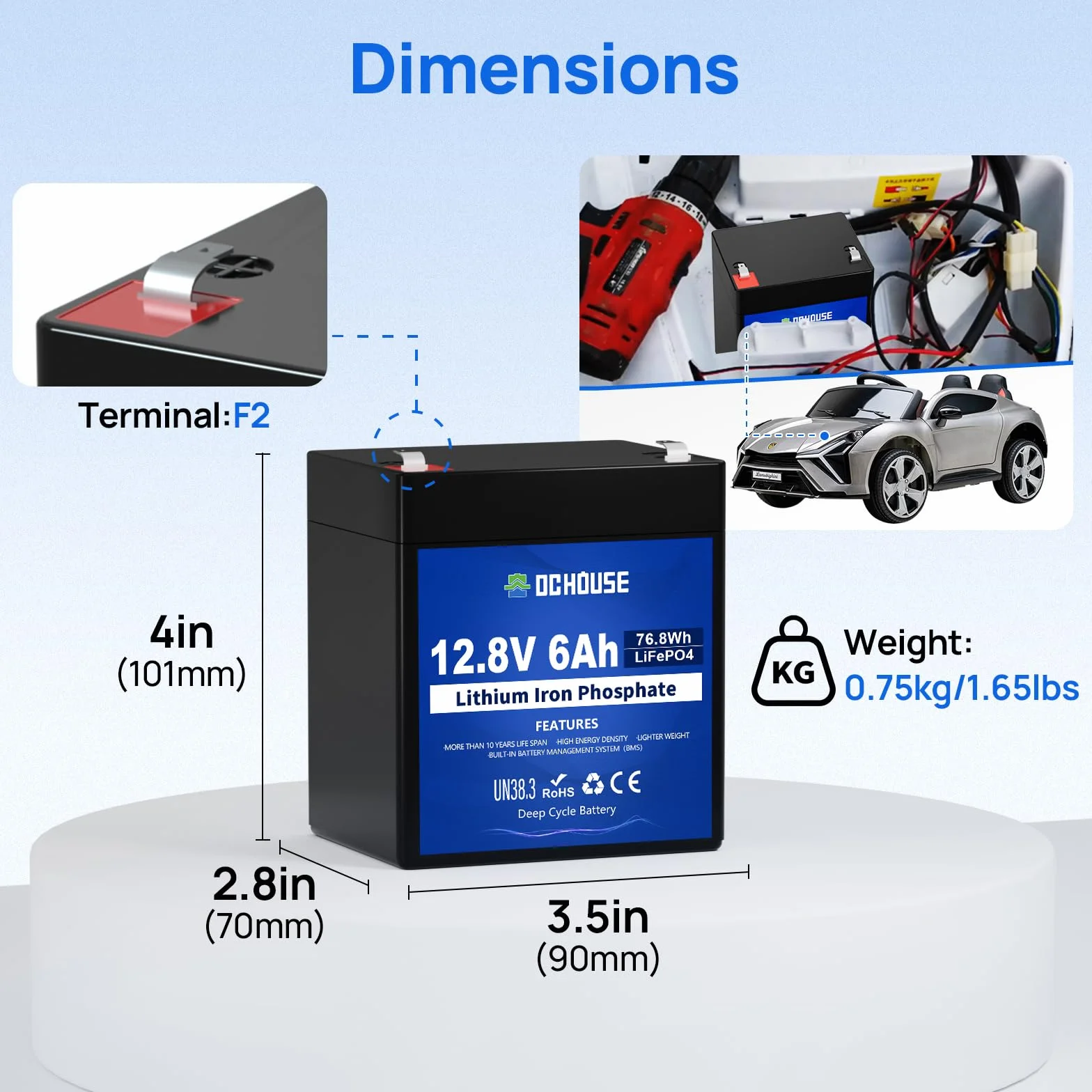 DCHOUSE 12 V 6 Ah Mini akumulator litowy LiFePO4 o głębokim cyklu, 3000 cykli akumulator litowo-żelazowo-fosforanowy do UPS, oświetlenia, kół zasilających, wykrywacza ryb i kampera, wbudowany BMS