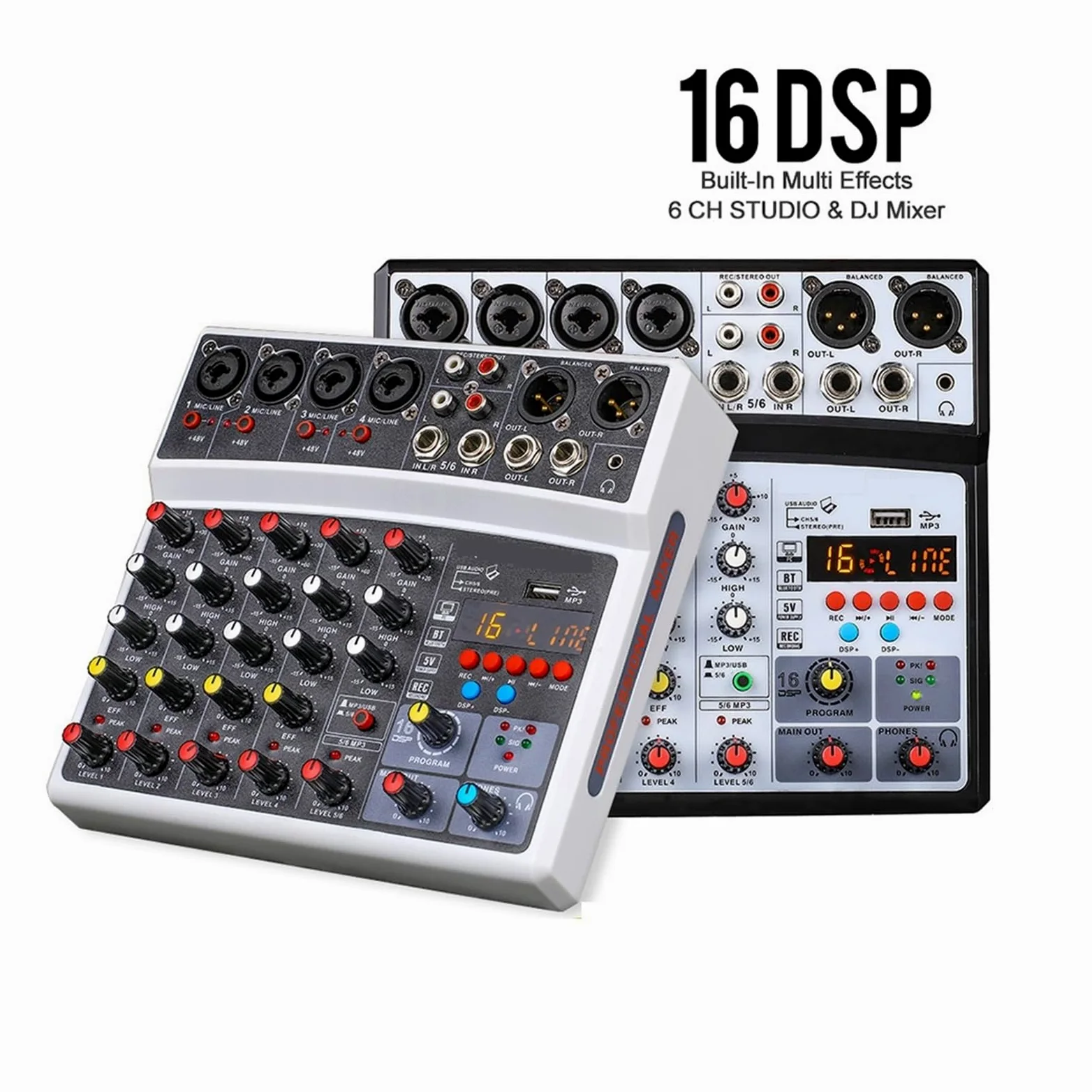 Mikser audio Bezprzewodowy 6-kanałowy Mikser Audio Przenośna Konsola Miksująca Interfejs USB Karta Dźwiękowa Z 16 DSP Echo 48V Zasilanie Phantom(06D-White)