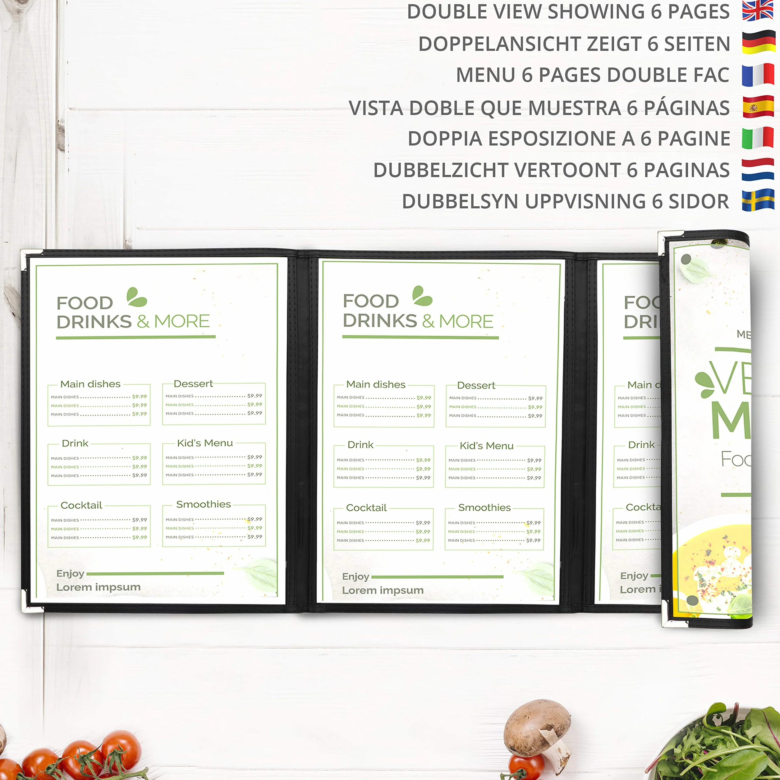 Kurtzy Potrójnie Składane Okładki na Menu A4 (5 Sztuk) - Dwustronne Okładki na Menu w Amerykańskim Stylu - Czarne Okładki na Menu z Ochroną Narożników - Do Restauracji, Barów i Kawiarni