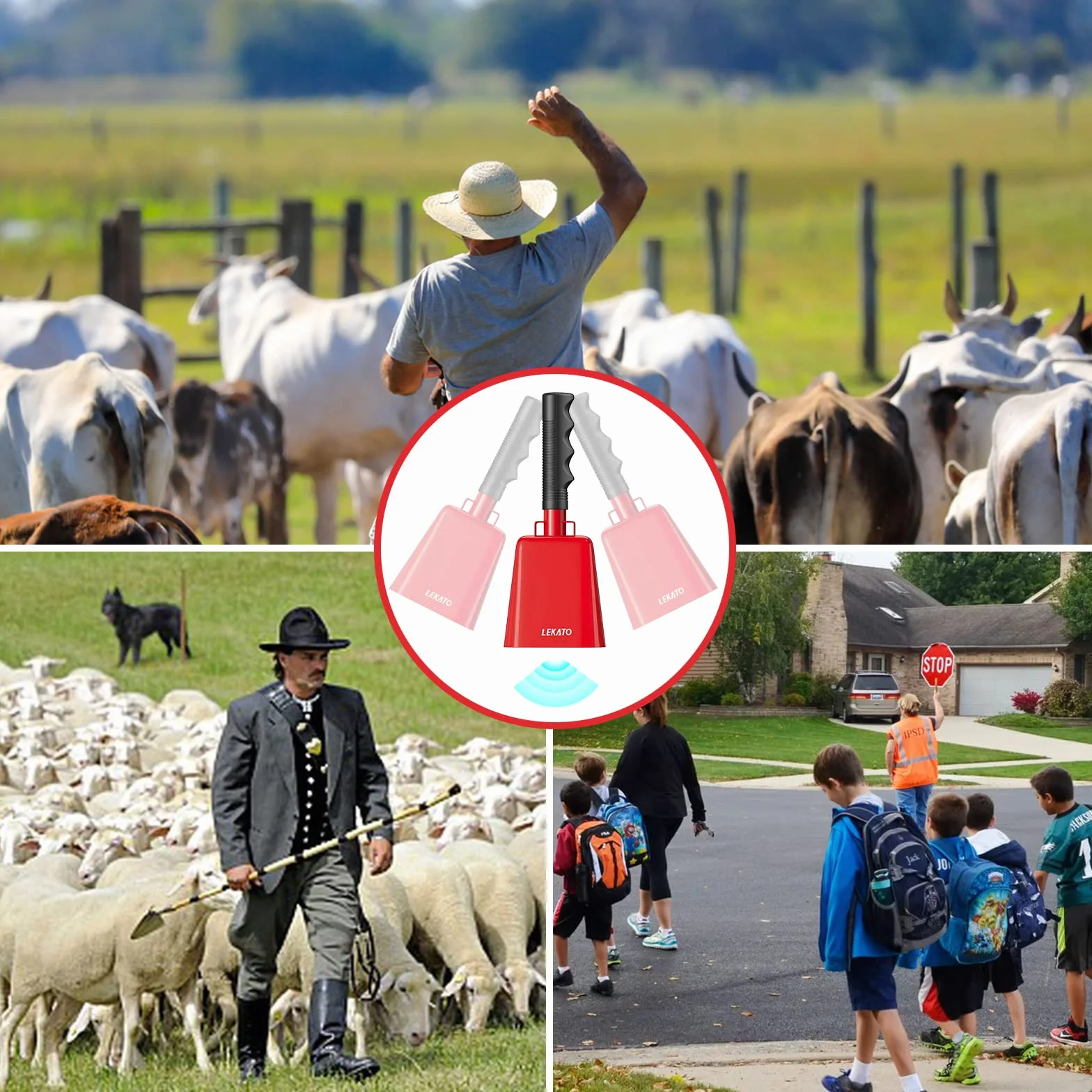 Cowbell 1 szt., stalowy dzwonek krowy 20 cm z uchwytem, dzwonek ręczny na wydarzenia sportowe, mecze piłki nożnej, impreza, farma, dzwonki ręczne perkusyjne instrumenty muzyczne (20 cm, czerwony)