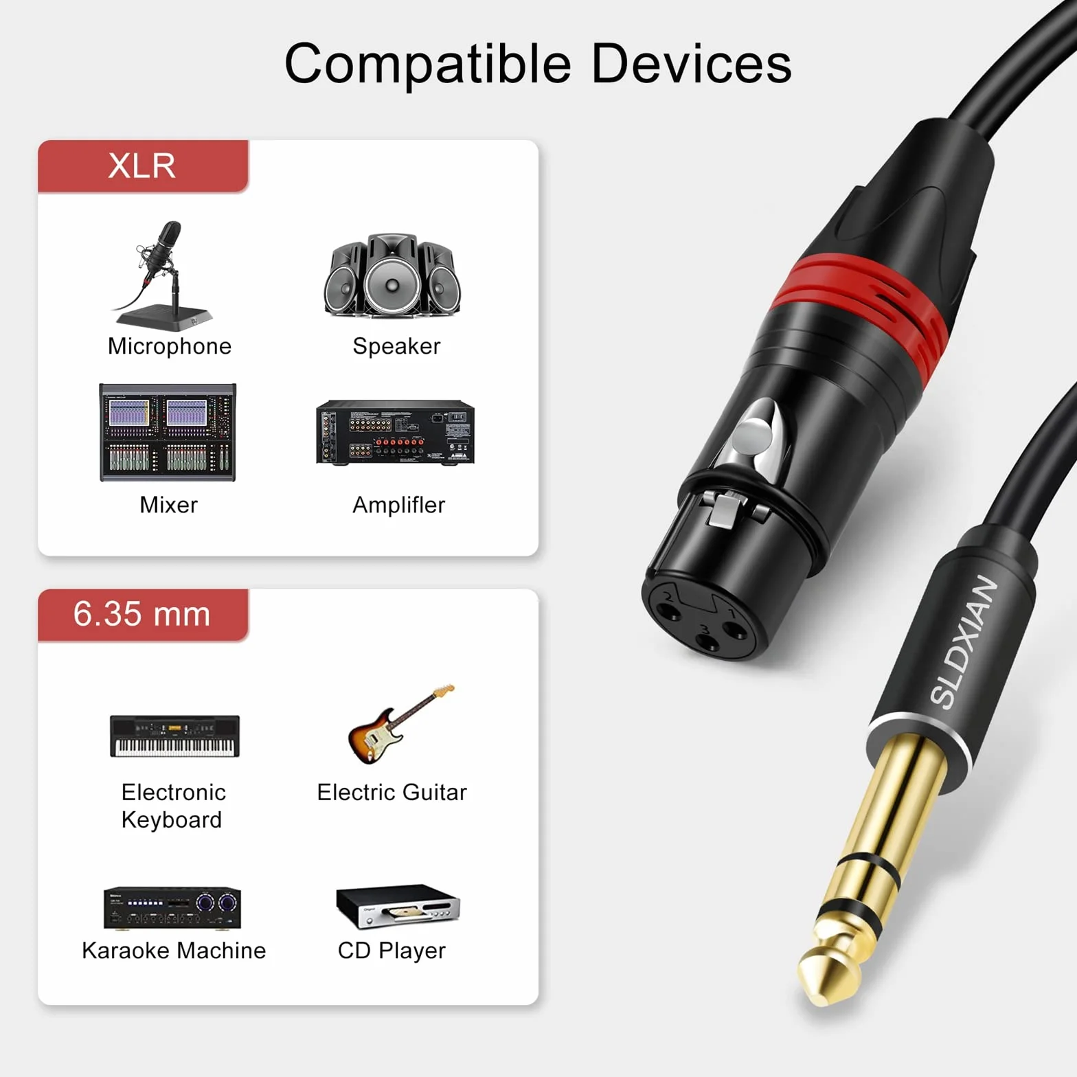 XLR Jack kabel XLR żeński do gniazda 6,35 mm do mikrofonu, wzmacniacza, miksera (emale, 3 m)