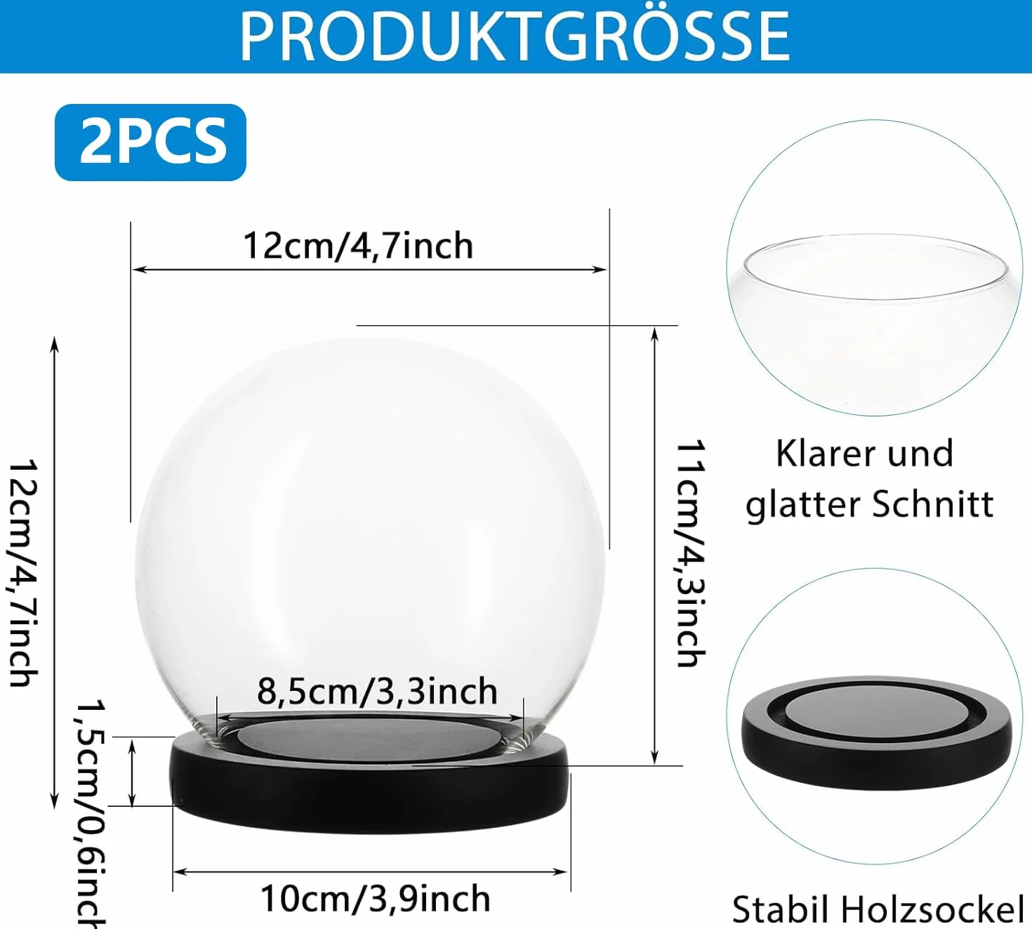 2 ozdobne szklane dzwony z drewnianą podłogą, szklana kopuła o wysokości 10 cm z drewnianą podłogą, dzwon z przezroczystego szkła, szklana kopuła na rośliny, dekoracja stołu