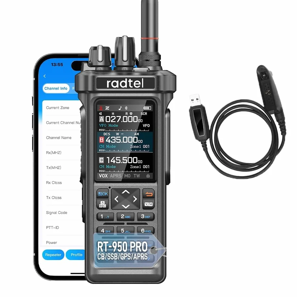 Radiotelefon amatorski Radtel RT-950 PRO z nadajnikiem GPS/APRS, krótkofalówka 10 W o dużym zasięgu, przenośny radiotelefon dwukierunkowy, odbiornik AM/FM/CB/SW/MW/LW, programowanie przez Bluetooth, N