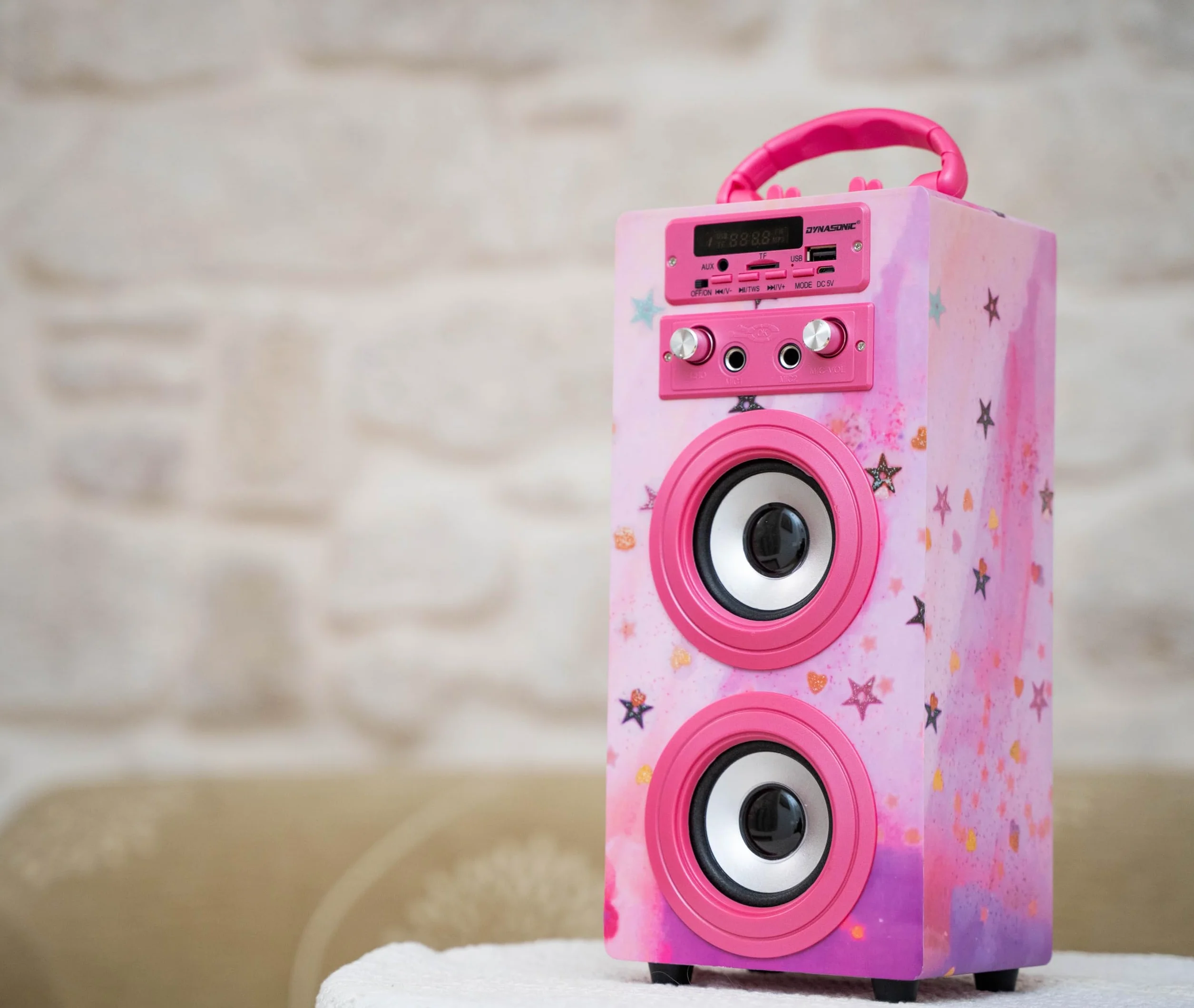 DYNASONIC Przenośna maszyna do karaoke, 2 mikrofony, głośnik Bluetooth, światła, czytnik USB i SD, prezent dla dzieci w wieku 5-13 lat (025-15 LIGHTS)