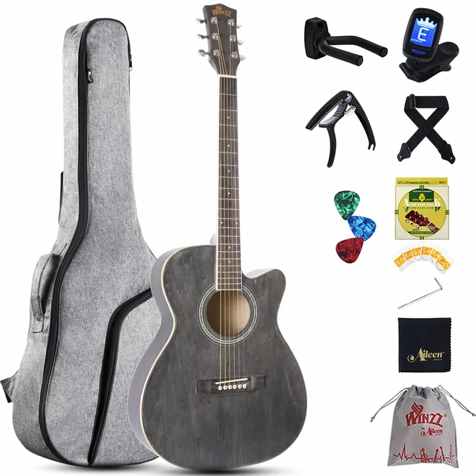 Winzz gitara akustyczna dla dzieci 3/4, gitara Western, Czarno-szary, 36”, zestaw dla początkujących