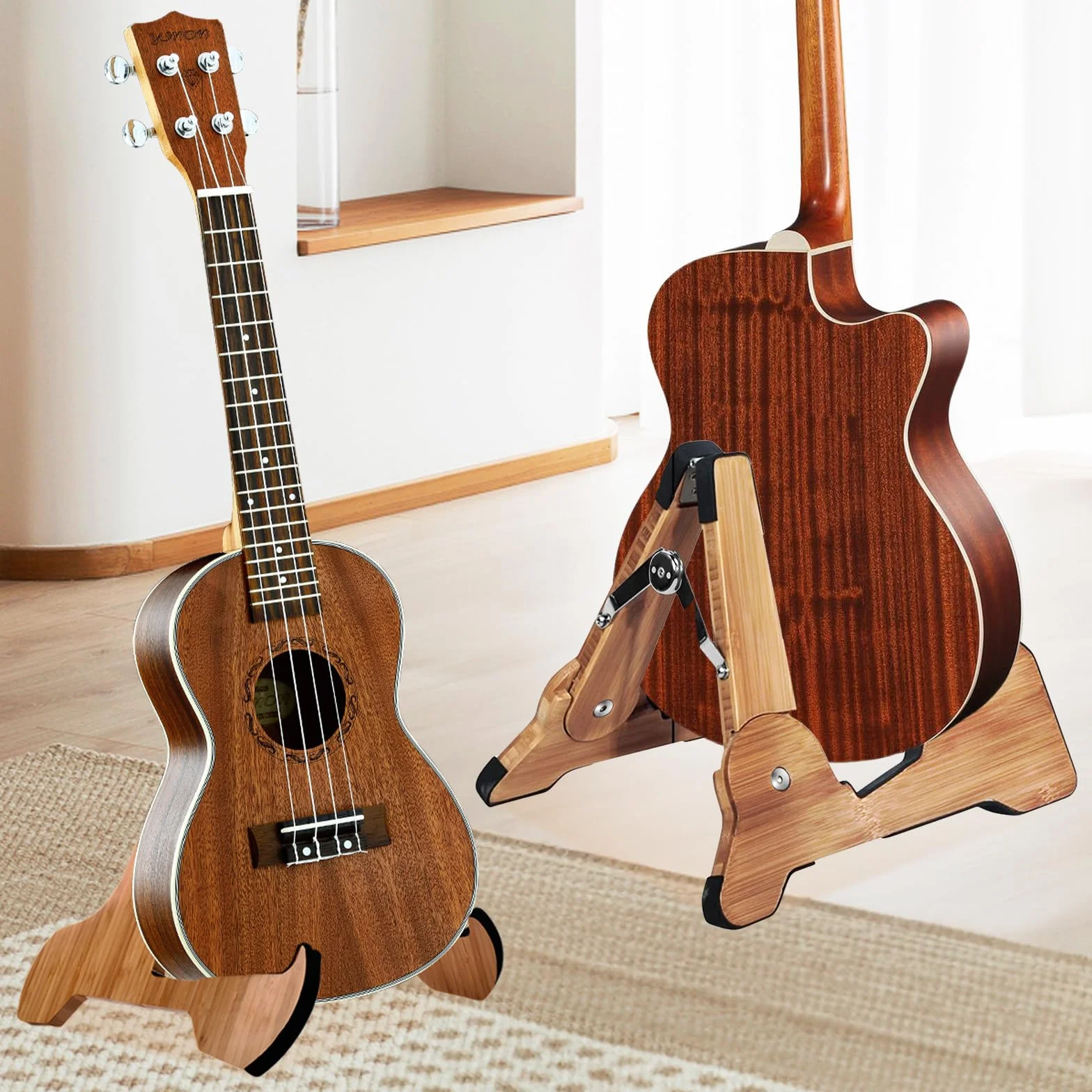 SUNOYA Składany stojak na gitarę, uchwyt na gitarę, drewniany stojak na gitarę, z antypoślizgową gumą, do gitary elektrycznej, akustycznej, basowej, klasycznej, ukulele