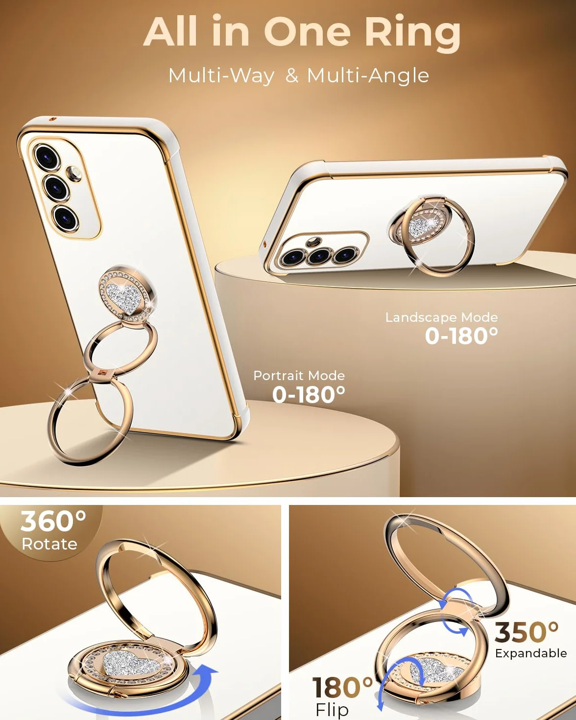 XYZ Etui do Samsung Galaxy A36 5G, etui z paskiem w kształcie serca, podwójny pierścień, stojak, etui na telefon komórkowy, łańcuszek na telefon komórkowy, dla kobiet i dziewcząt, cienkie, odporne na