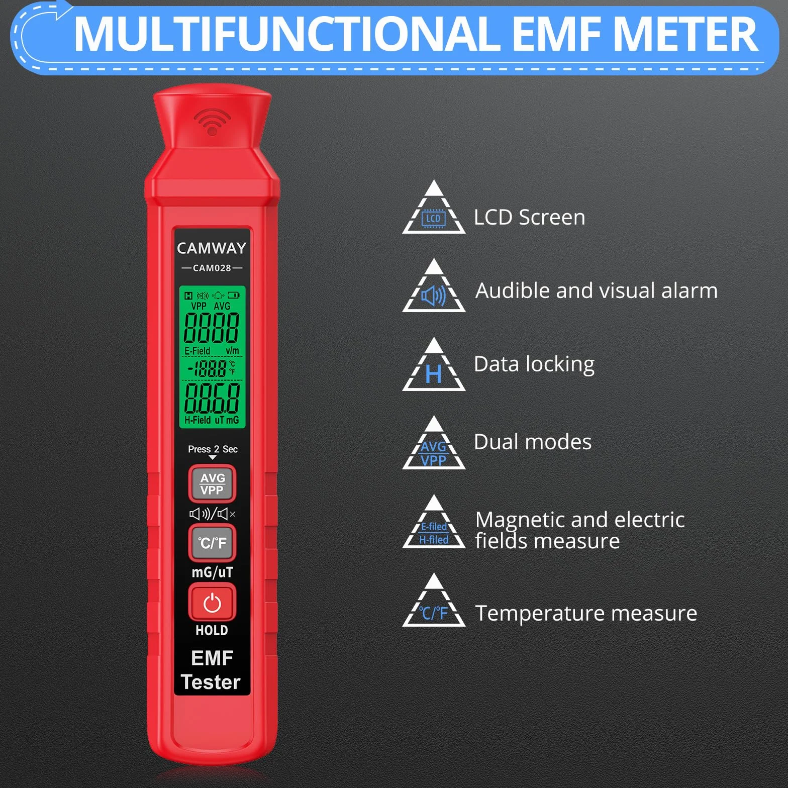 CAMWAY Miernik EMF, mini cyfrowy miernik EMF LCD do pola elektrycznego i pola magnetycznego, ręczny miernik EMF z podwójnym alarmem dźwiękowym i światłem, miernik EMF do domu, biura, na zewnątrz