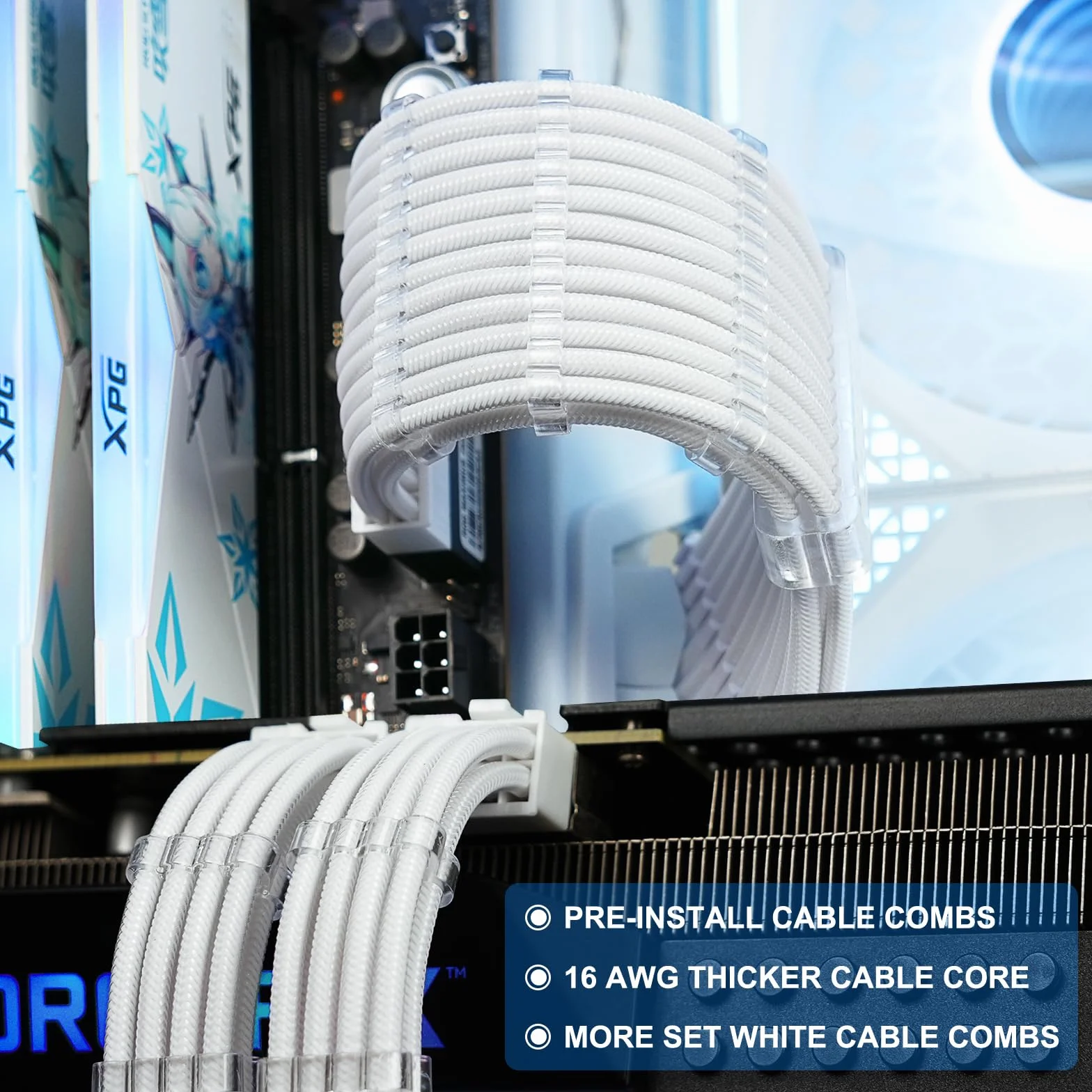 Sirlyr Perłowy biały zestaw przedłużaczy PSU, niestandardowy kabel zasilający z tuleją do PC Build 16AWG 24Pin ATX /8 (4+4) Pin EPS CPU kabel / 8 (6+2) Pin PCI-E GPU kable 6 szt. z kablem w zestawie