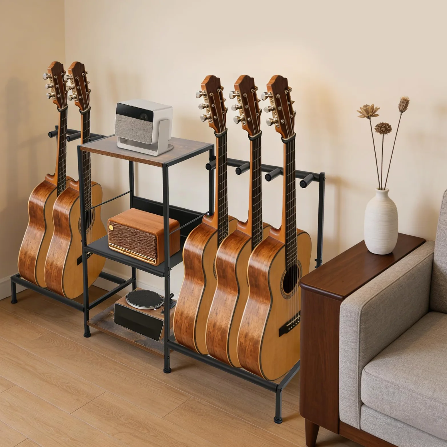 Stojak na gitarę, stojak podłogowy z 3 półkami, wielofunkcyjny uchwyt na gitarę i stojak na płyty gramofonowe, do gitary elektrycznej, gitary akustycznej i basowej, do domowego studia i