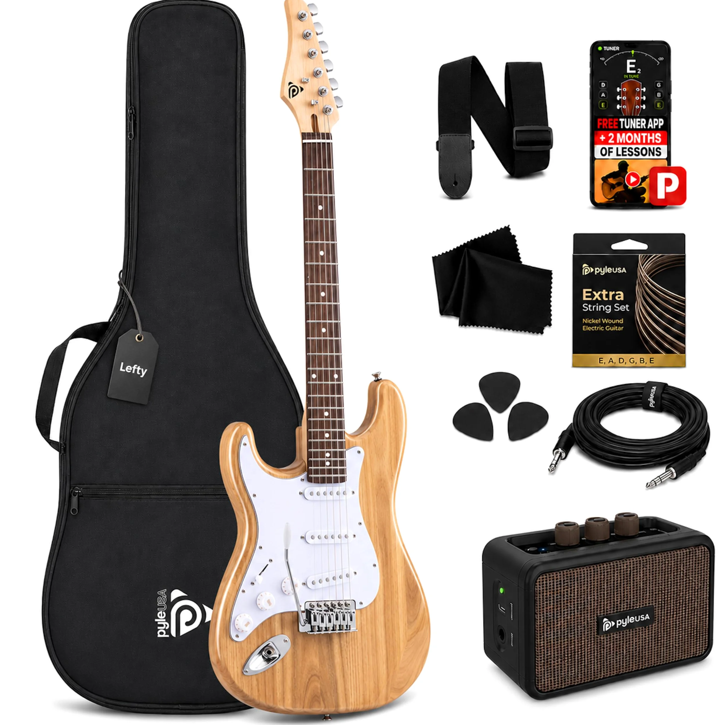 Pyle Gitara Elektryczna Dla Leworęcznych Pełnowymiarowa, Zestaw Z Wzmacniaczem 5W, Pokrowcem, Piórkami, Strunami I Paskiem, Styl ST, 22 Progi, Korpus Paulownia, Naturalna