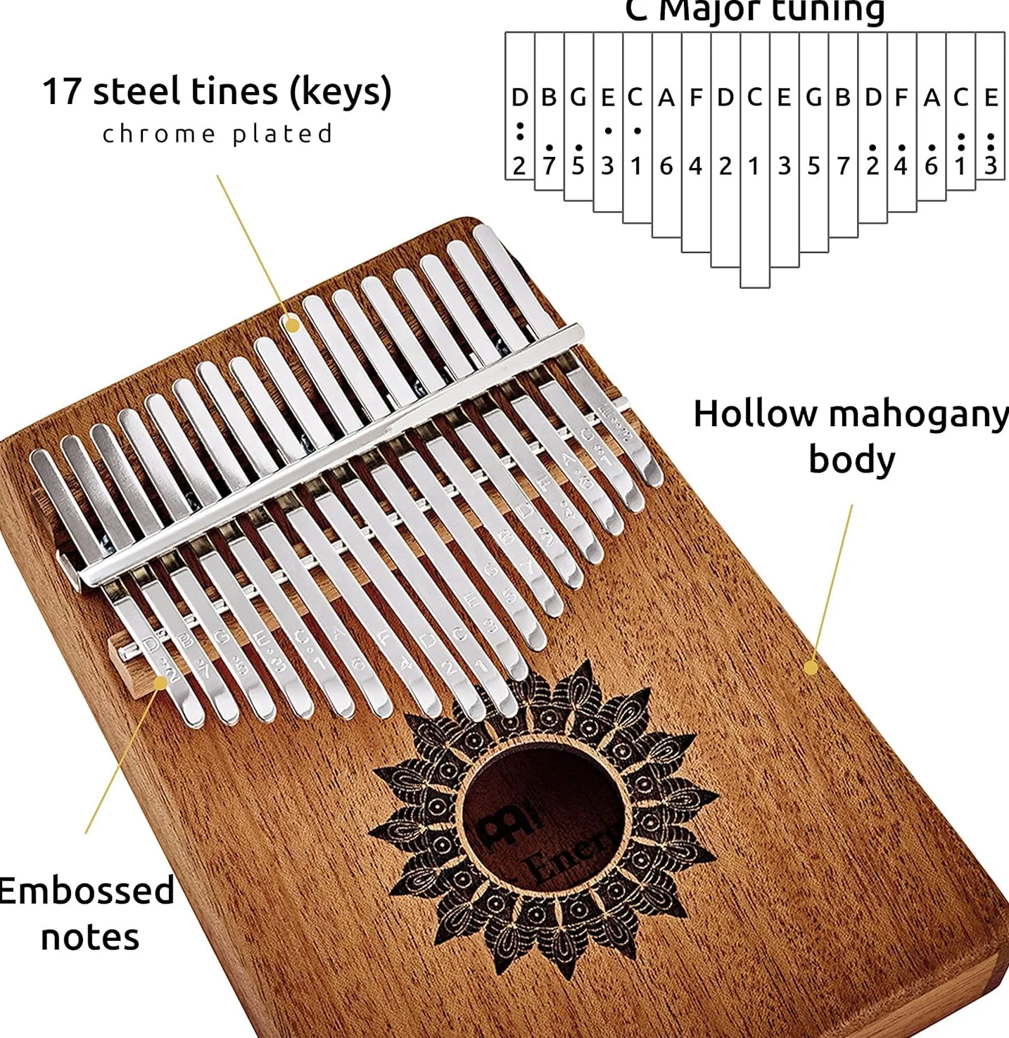 Kalimba Sonic Energy z Otworem Rezonansowym – 17 Dźwięków w Tonacji C-dur – do Medytacji, Sekcji Perkusyjnej i Jogi – Mahoń – z Akcesoriami (KL1708H)