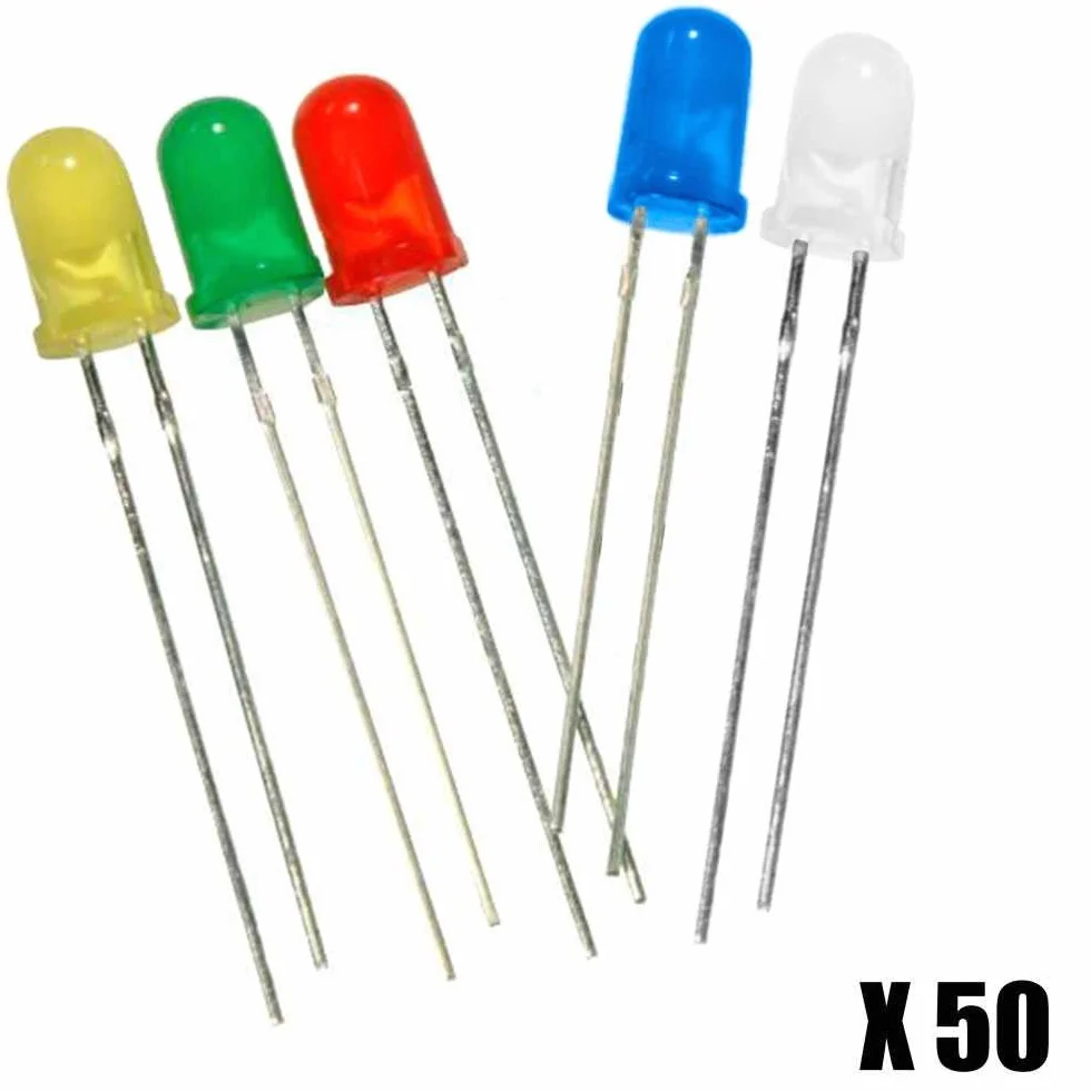 OcioDual Zestaw 50 diod LED 5 mm kolory czerwony, niebieski, żółty, zielony, biały, do urządzeń elektronicznych Raspberry