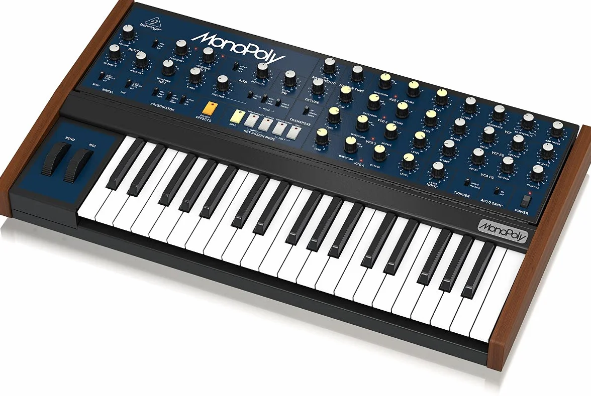 Behringer Monopoly analogowy 4-głosowy syntezator polifoniczny z 37 przyciskami w pełnym rozmiarze, 4 VCOs, VCF, 2 LFO, 2 krzywe koperty, modulacja synchronizacji i crossu oraz arpeggiator