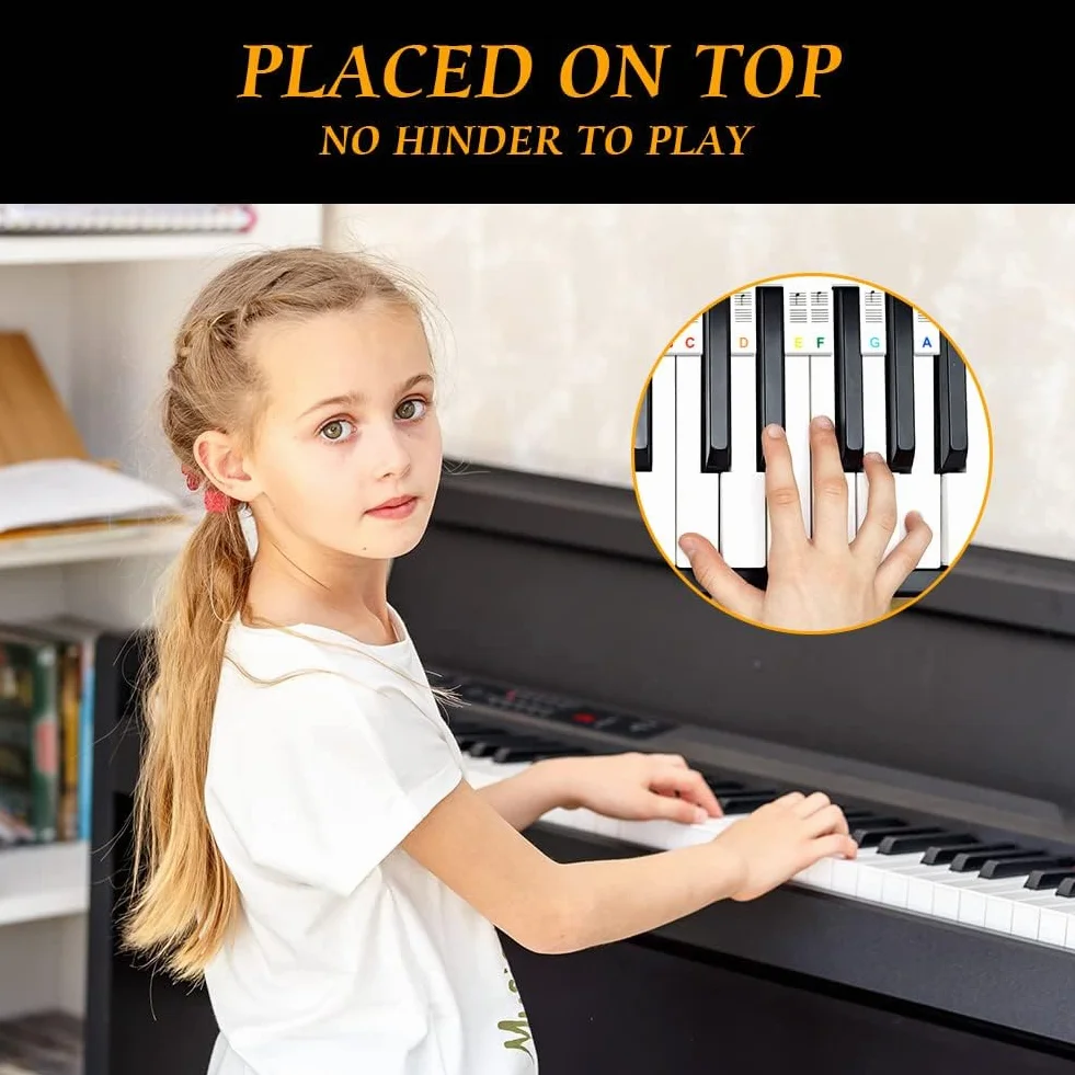 URAQT Silikonowe naklejki fortepianowe wielokrotnego użytku, 88 kluczowych naklejek na klawiaturę fortepianową, zdejmowane naklejki na fortepian, naklejka na fortepian dla dzieci (kolorowe)