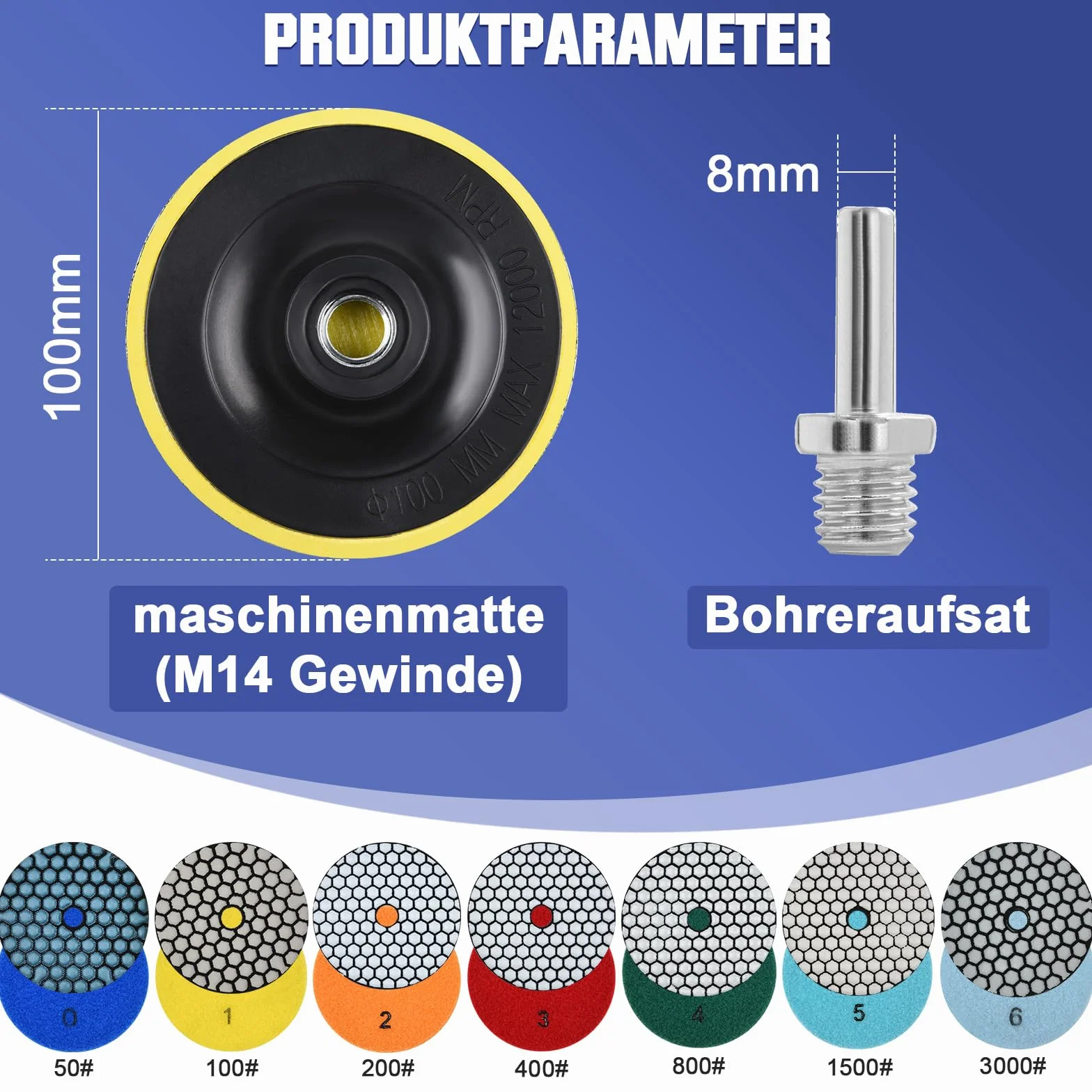 100 mm sucha diamentowa tarcza polerska, 9 sztuk, ziarnistość #50, #100, #200, #400, #800, #1500 i #3000, tarcze polerskie z talerzem podporowym M14, do szlifierek kątowych