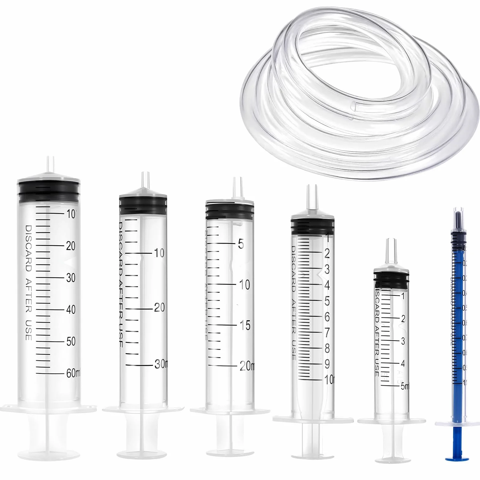 Zestaw 6 Strzykawek Wielokrotnego Użytku, 1 ml, 5 ml, 10 ml, 20 ml, 30 ml, 60 ml z Wężem, Do Laboratoriów, Karmienia Zwierząt i Nawadniania Roślin