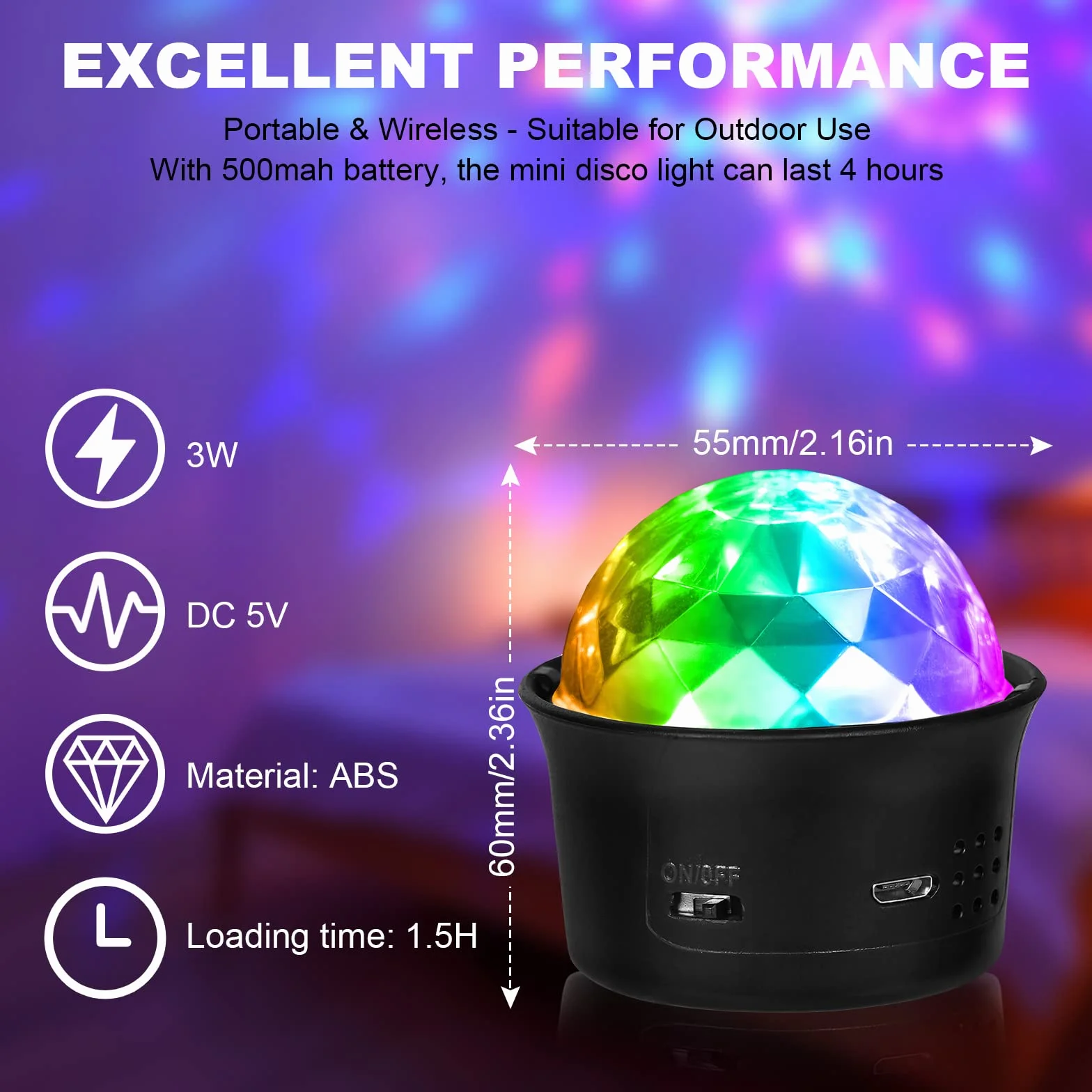 URAQT Disco Lights, Mini Aktywowane Dźwiękiem Oświetlenie Imprezow, 3W RGB Zmiana Kolorów, Przenośne Ladowanie Oświetlenie Sceniczne LED do Spotkań Rodzinnych, Przyjęcia Urodzinowego, Karaoke(1 Szt)