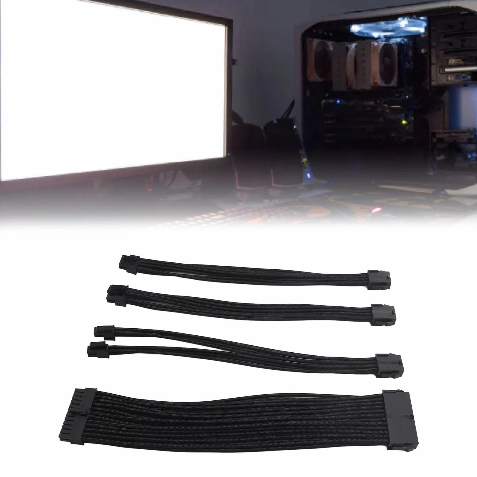 Asixxsix Zestaw Przedłużacza Kabla PSU z Grzebieniem Kablowym, Przedłużacze Kabla PSU 18AWG, 24-pinowe Złącze ATX 4+4Pin CPU w Nylonowej Osłonie 30cm, 6+2Pin PCIE GPU Przedłużacz Zasilania (BLACK)