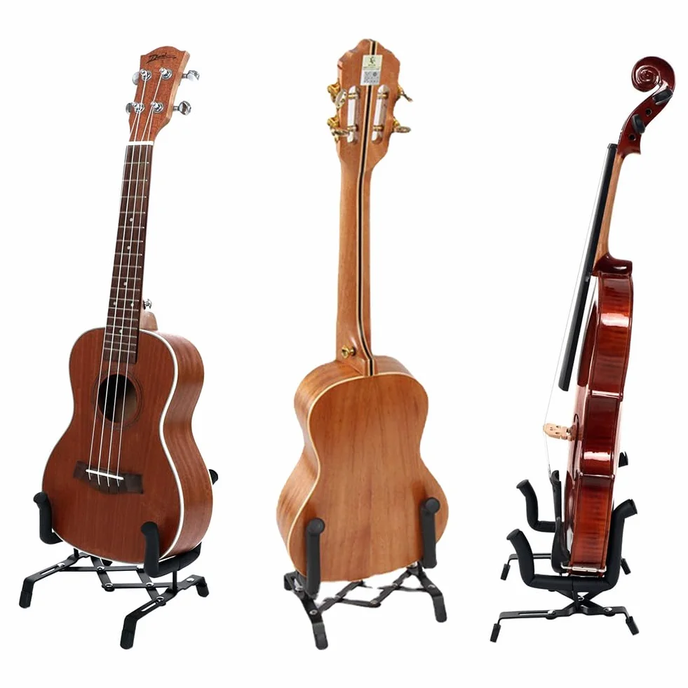 Stojak na gitarę, uchwyt na gitarę, stojak na ukulele, stojak na instrumenty muzyczne, odpowiedni do ukulele, skrzypiec, mini gitar i innych małych instrumentów, z 2 szarymi ściereczkami do