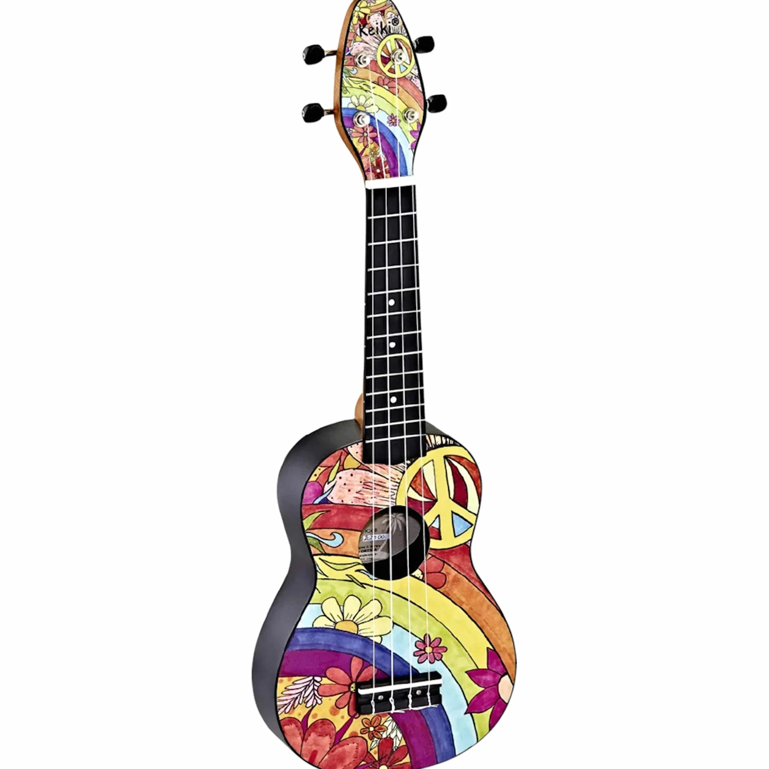 Ortega Guitars Akustyczne Ukulele Sopranowe – Seria Keiki K2 – w Zestawie z Akcesoriami – Agathis/ABS, Motyw Peace '68 (K2-68)