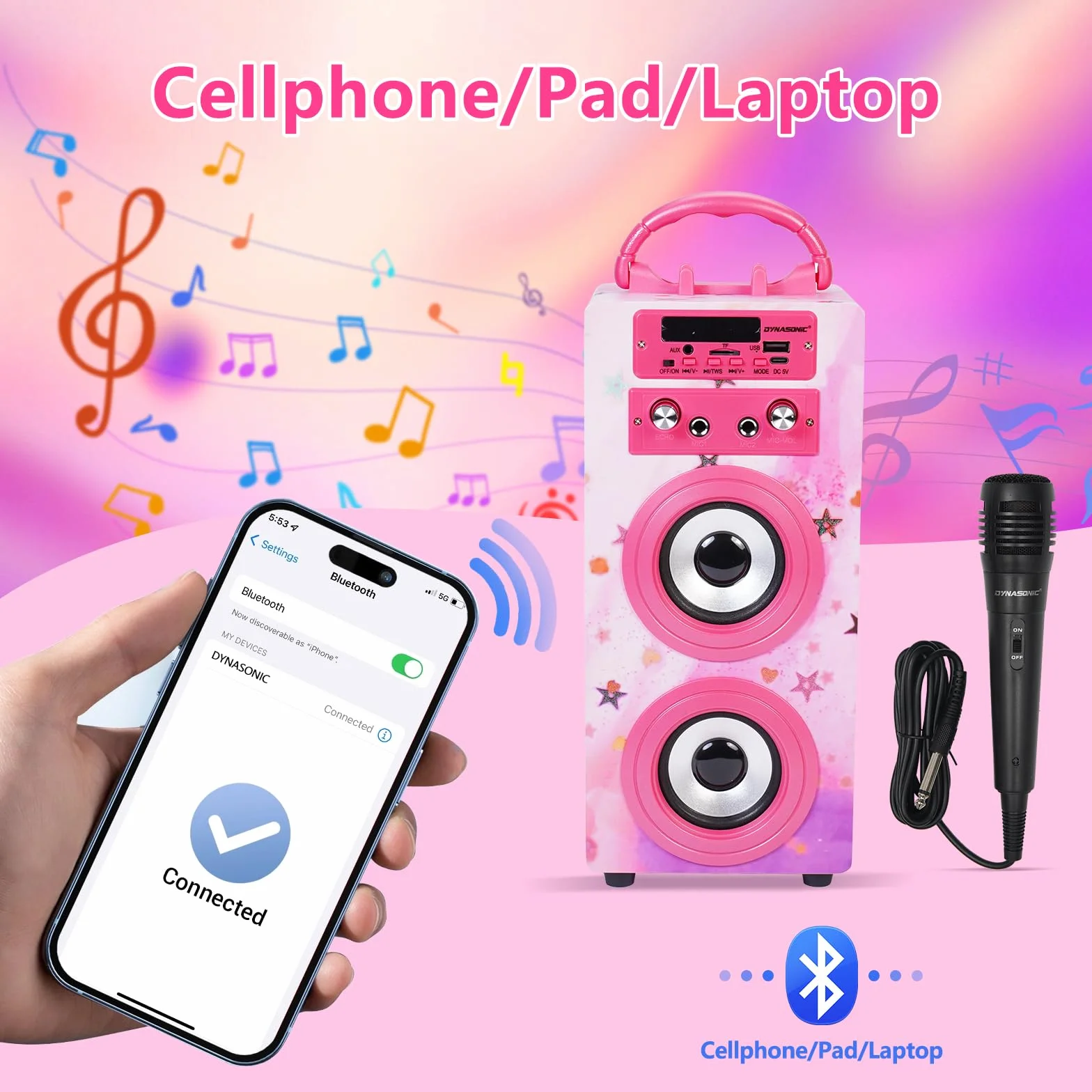 DYNASONIC Przenośna maszyna do karaoke, 2 mikrofony, głośnik Bluetooth, światła, czytnik USB i SD, prezent dla dzieci w wieku 5-13 lat (025-15 LIGHTS)