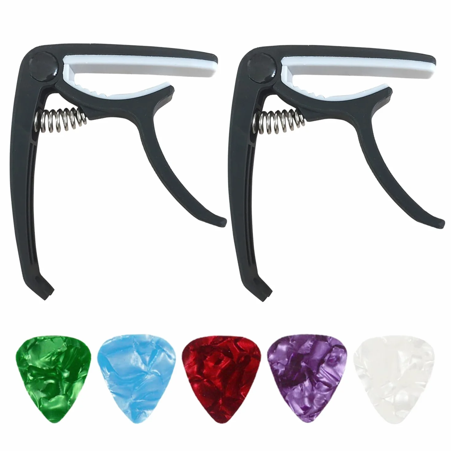 2 kapodaster gitarowy z 5-częściowymi kostkami gitarowymi, wielofunkcyjny kapodaster, akcesoria do strojenia gitary akustycznej, gitary elektrycznej, ukulele (czarny, biały)