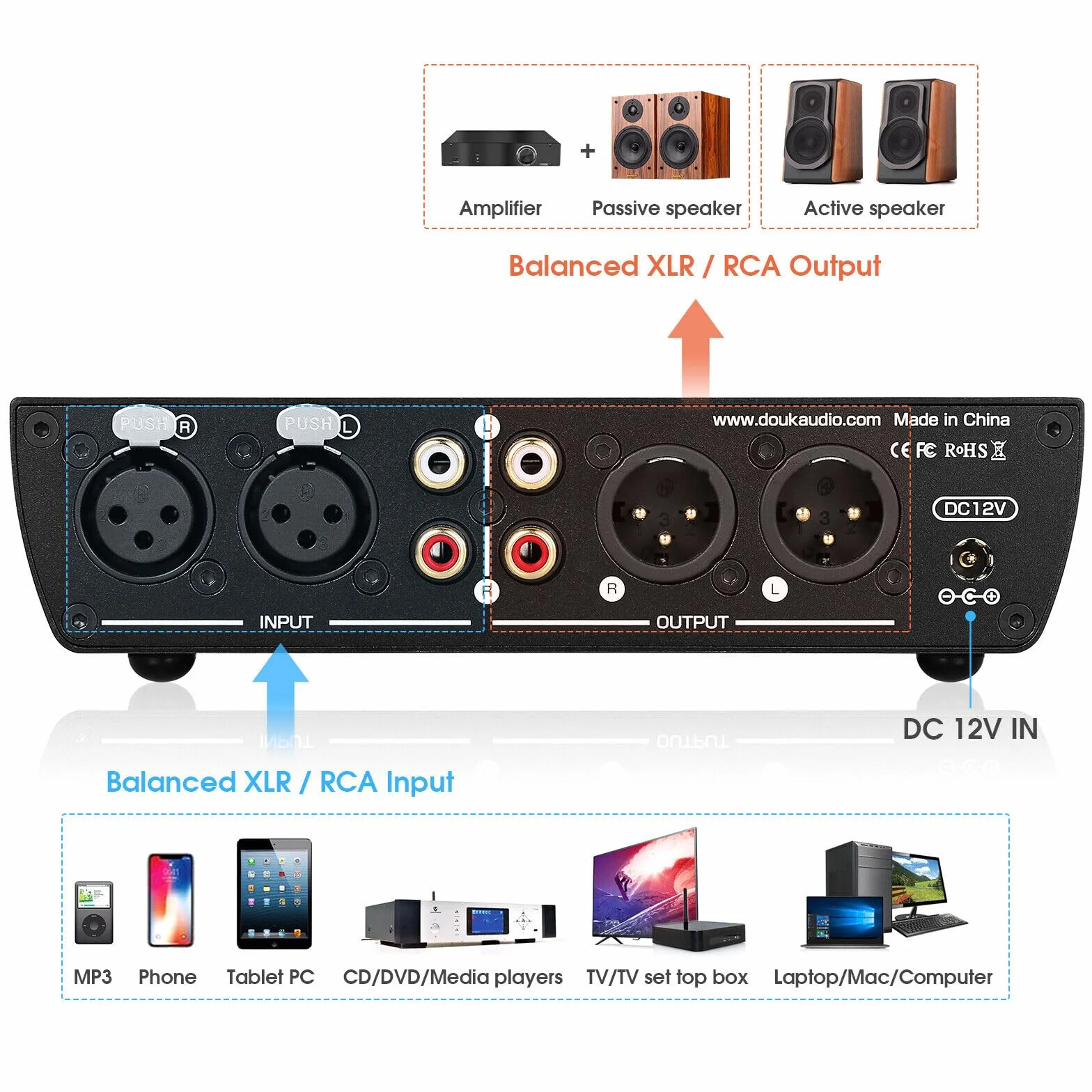 Douk Audio T7 7-pasmowy korektor, zrównoważony wzmacniacz XLR/RCA do wzmacniacza domowego