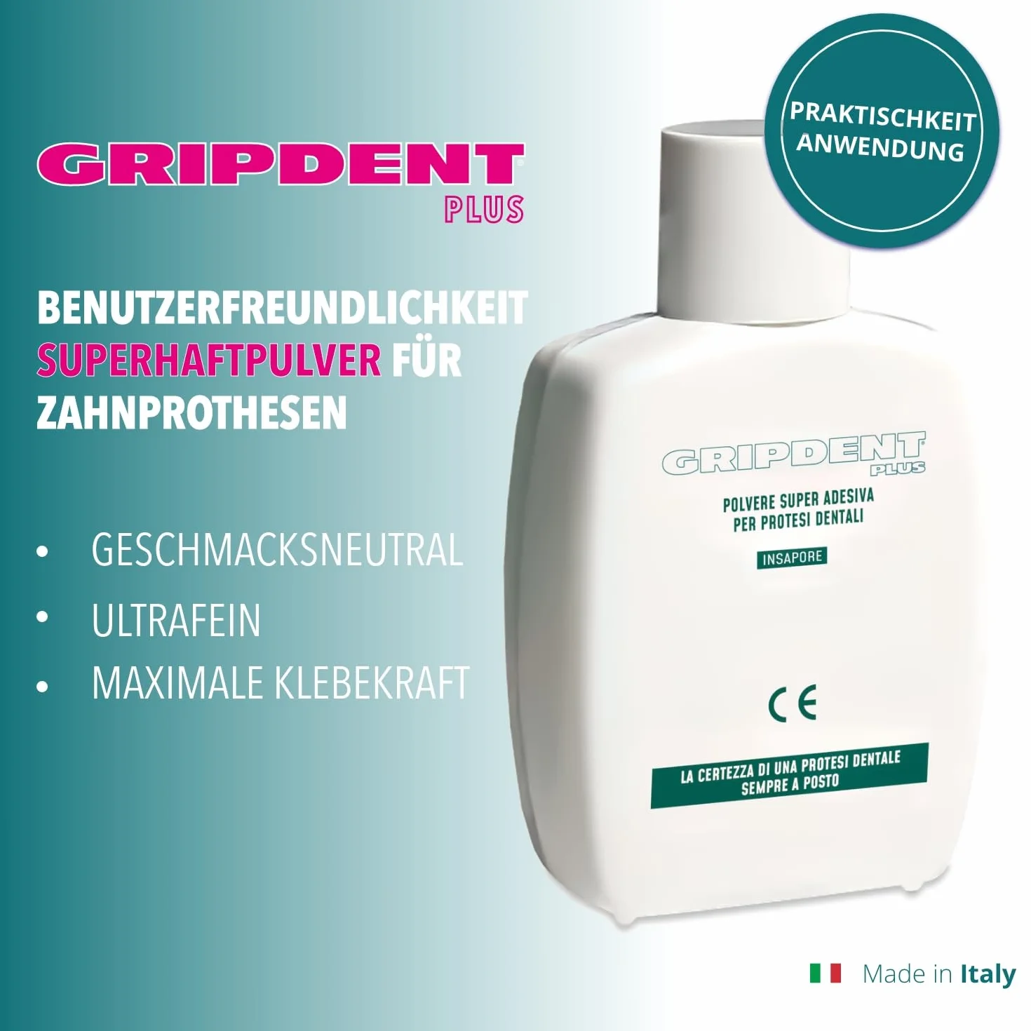 Gripdent Plus proszek do protez dentystycznych i dentystycznych - nie powoduje podrażnień, bardzo łatwe mocowanie